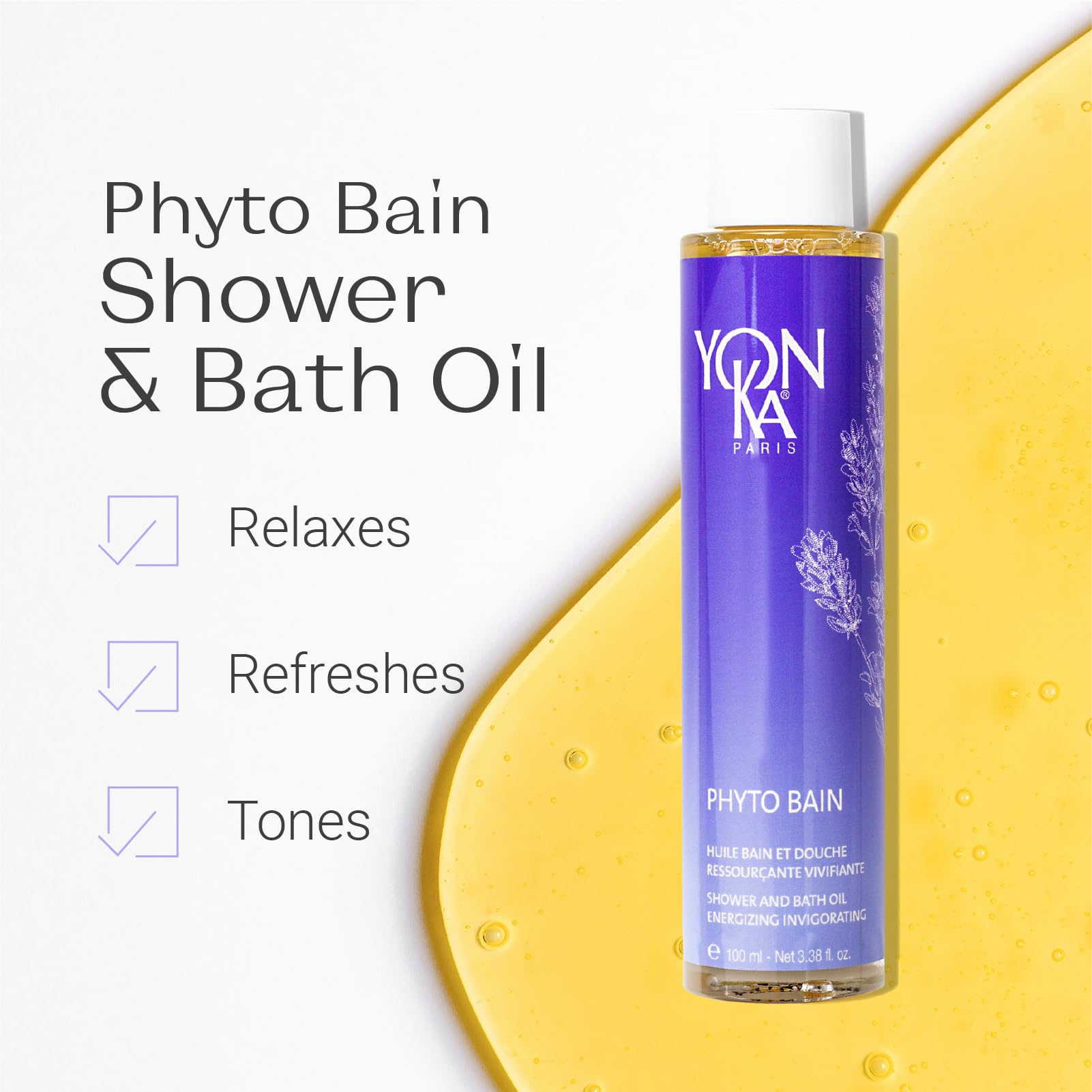 Yon-Ka French Lavender Bath Oil, Phyto Bain Relaxing and Toning Aromatherapy Oil for Dry Skin, Boosts Microcirculation for Wellness, Luxurious Provence Lavender and Rosemary, 100ml