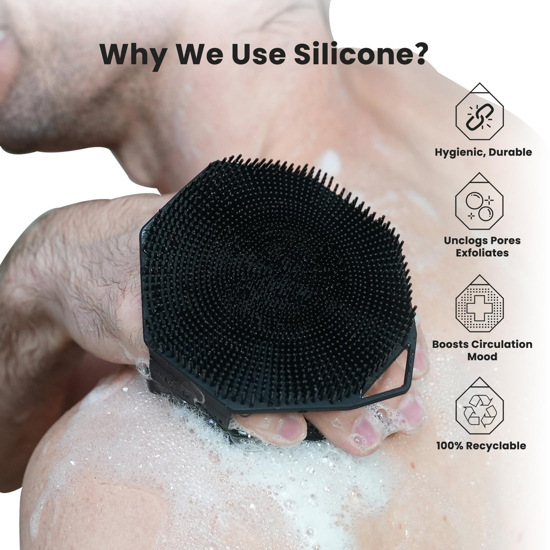 iTokGoK® Premium Silver-Infused Dual-Sided Design 2-in-1 Silicone Body Scrubber for Shower,Body Brush Buffer Scrubber for Men and Women for All Skin, Ergonomic No-Slip Handle, Easy to Clean - Black