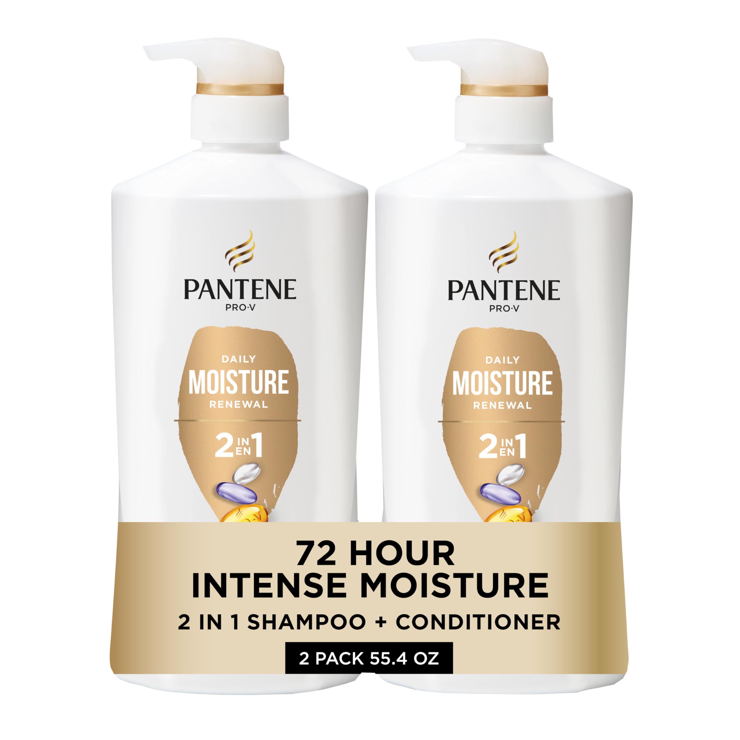 Pantene 2-in-1 Shampoo & Conditioner, Daily Moisture Renewal - Pro-V Nutrients for Dry, Color-Treated, Straight to Curly Hair, 72-Hour Hydration & Softness, 27.7 Oz Each, 2-Pack + Rescue Shot (0.5 Oz)