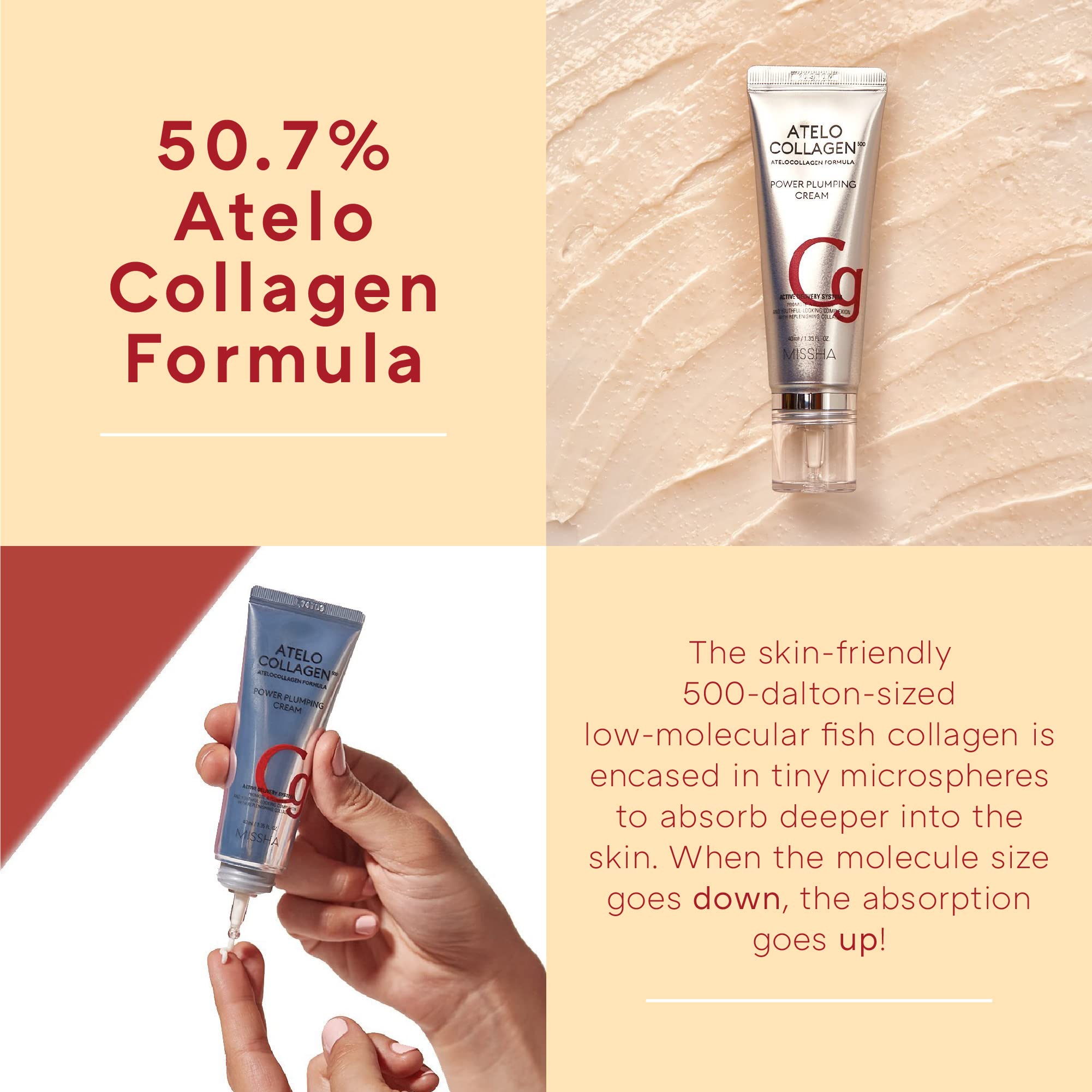 MISSHA ATELO COLLAGEN 500 POWER PLUMPING CREAM - Korean Collagen cream for face with 4 kinds of collage - Day & Night Moisturizer