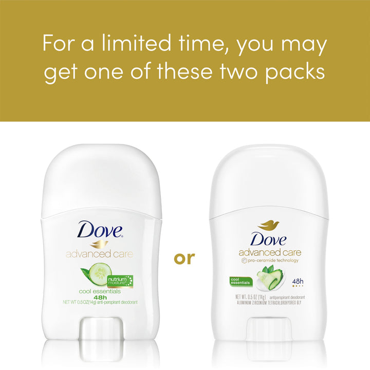 Dove Advanced Care Travel Sized Antiperspirant Deodorant Stick for Women, Cool Essentials, for 48 Hour Protection And Soft And Comfortable Underarms, 0.5 oz, 36 Count