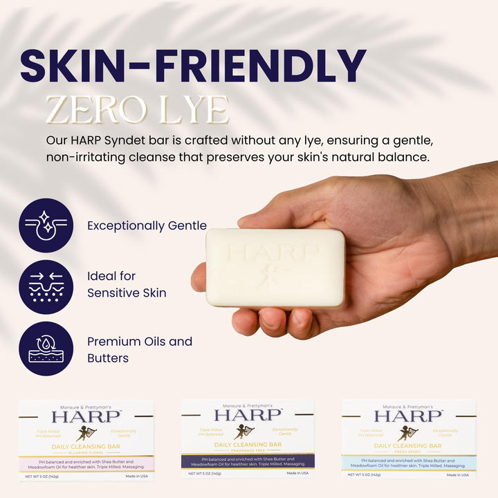 HARP Sensitive Skin Body Wash Bar | pH Balanced (Slightly Acidic) | 100% Syndet | Moisturizing Shea Butter | Non-Comedogenic | Soap-Free, Lye-Free. FRAGRANCE FREE (No Masking agents added)