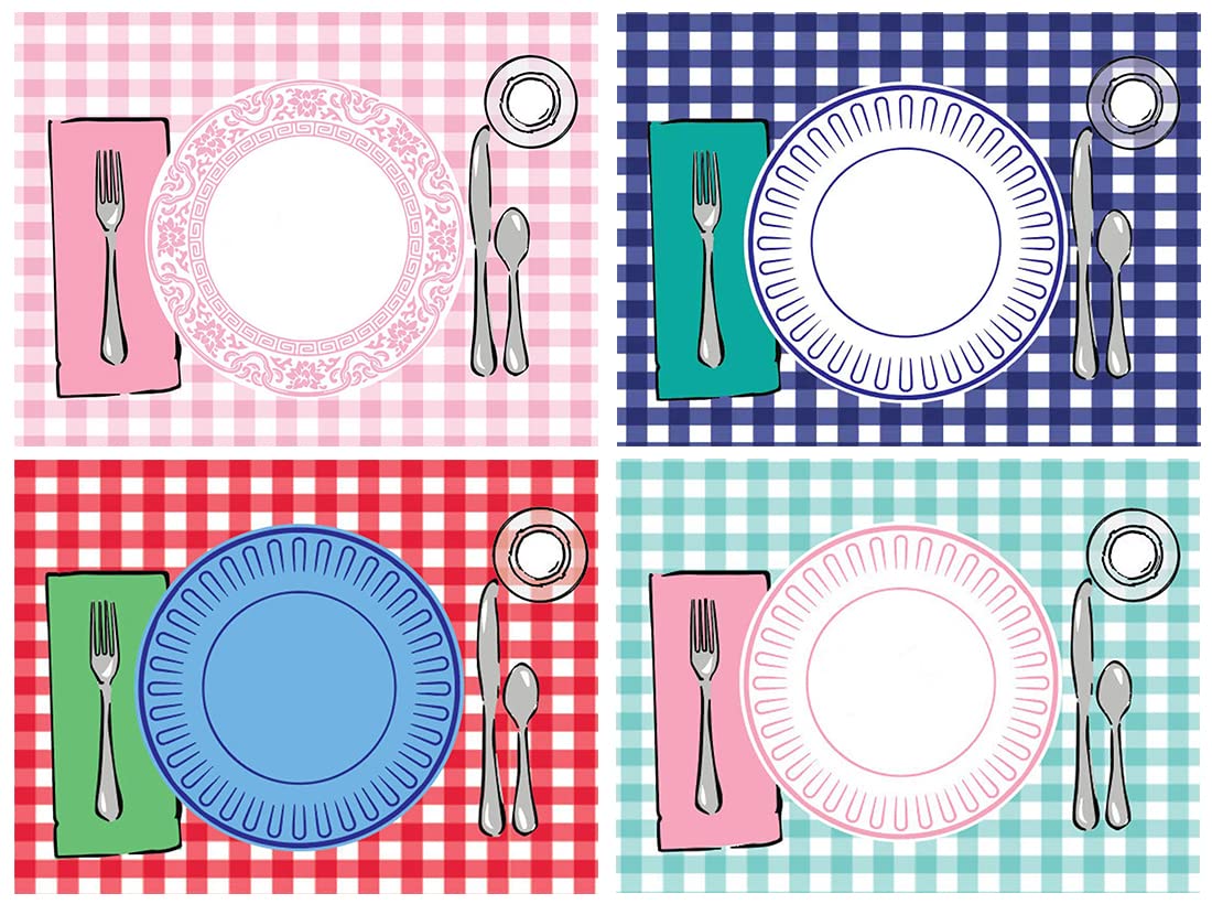 SharkBliss Montessori Placemat, Table Place Setting Etiquette Educational Placemat Set of 4 Buffalo Plaid Gingham Montessori Placemat Toddler Kid Child Baby Preschool Homeschool Dining Table Manners