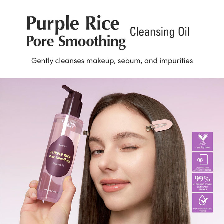 EQQUALBERRY Purple Rice Pore Smoothing Cleansing Oil – Deep Cleansing for Pores & Blackheads | Korean Oil Cleanser for Face & Makeup Remover | Hydrating & Soothing Formula, 6.76 fl.oz