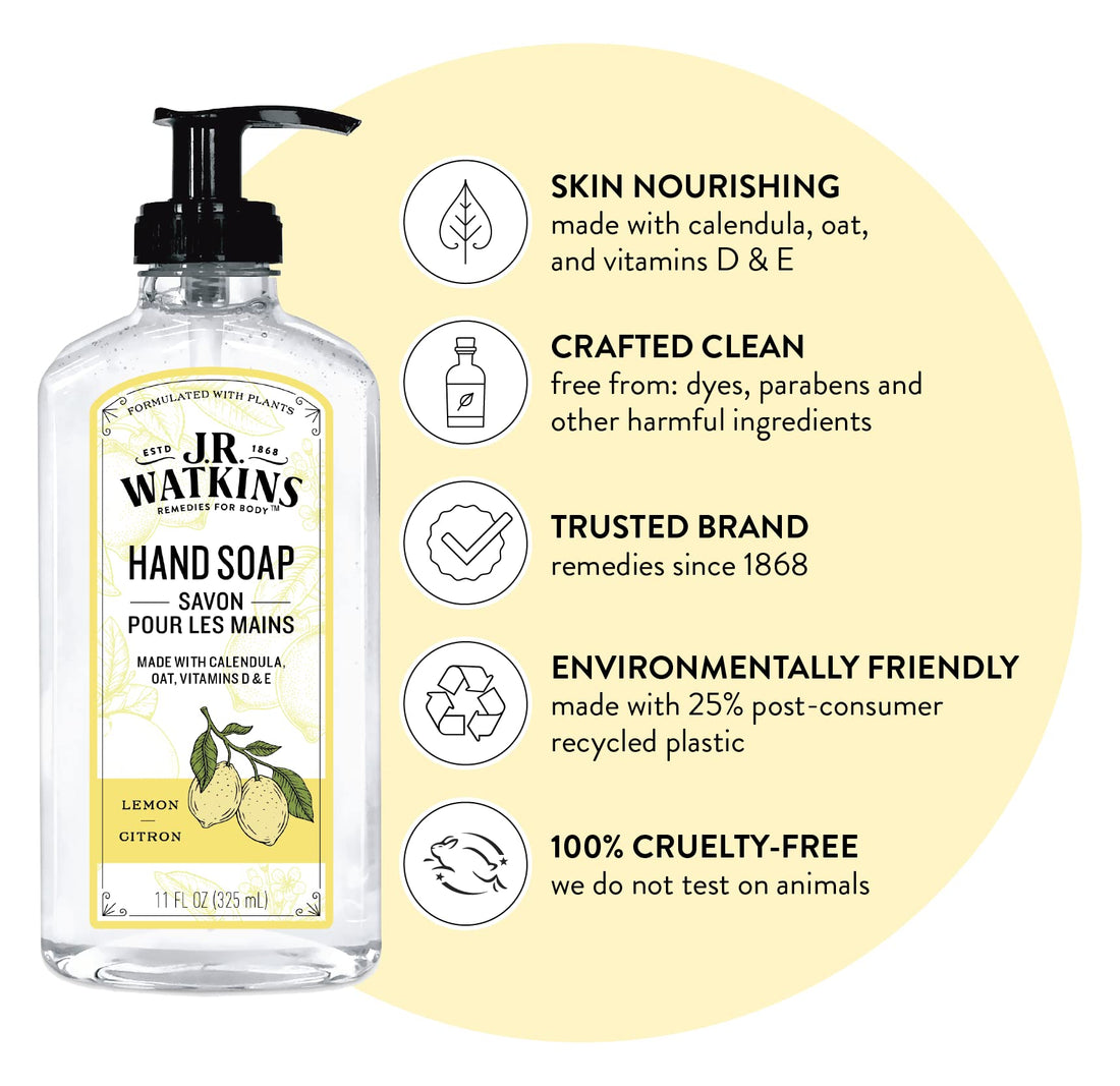 J.R. Watkins Natural Liquid Hand Soap, Lemon, 11 Ounce (3 Count)