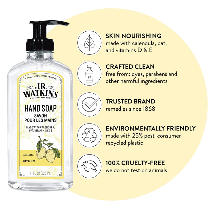 J.R. Watkins Natural Liquid Hand Soap, Lemon, 11 Ounce (3 Count)