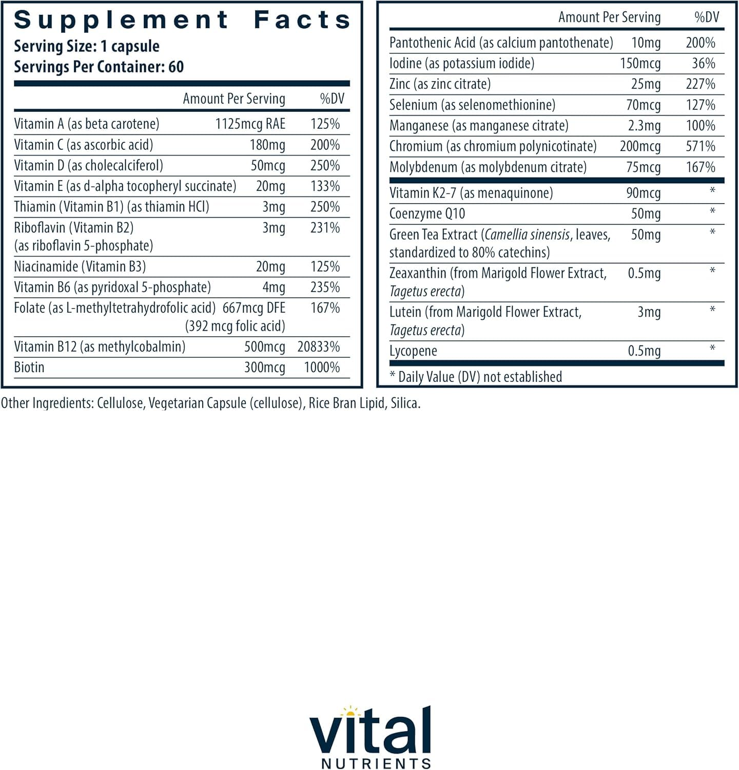 Vital Nutrients Once Daily Multivitamin | Vegan Multi for Women & Men | Allergen-Free | 19 Essential Vitamins + Antioxidants for Eye and Heart Health | Gluten, Dairy & Soy-Free | 60 Capsules
