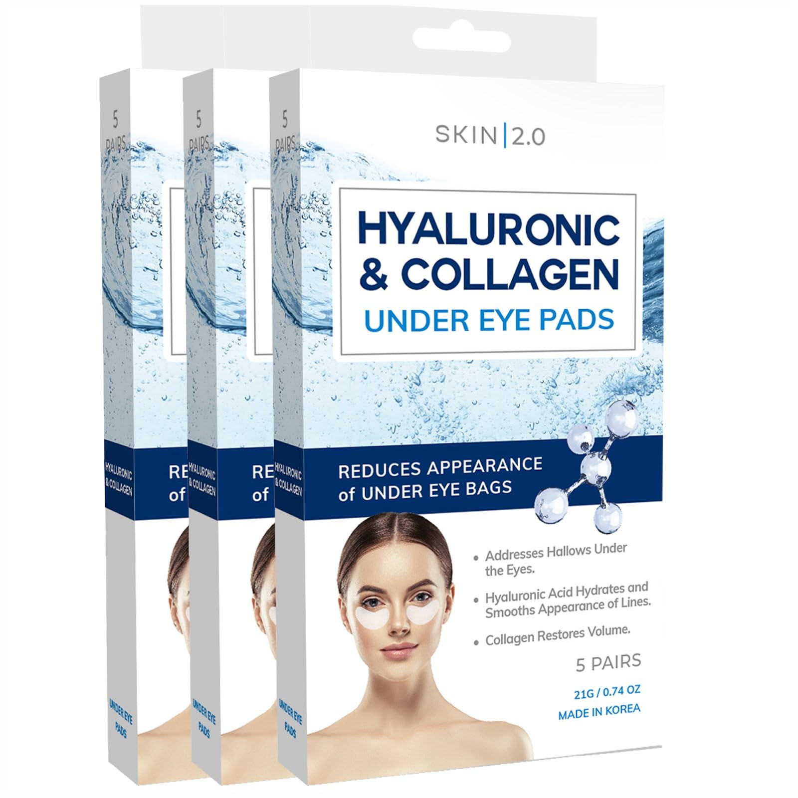 Skin 2.0 Hyaluronic Acid & Collagen Under Eye Patches - Dermatologist Tested, Hydrating, Reduces Bags & Wrinkles - Anti-Aging, Clean Beauty, Cruelty-Free Korean Skincare for All Skin Types - 15 Pairs