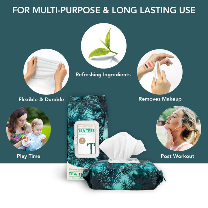 Body Prescriptions - 2 Pack (60 Count Each) Tea Tree Facial Cleansing, Pore Refining Wipes