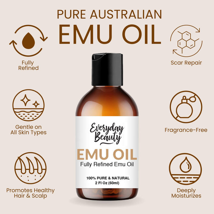 Pure Australian Emu Oil - All Natural 6X Refined for Face, Skin and Hair - Highly Effective Hydration for Sensitive Skin and Hair Growth - Perfect for Scars and Blemishes - 2 Fl Oz