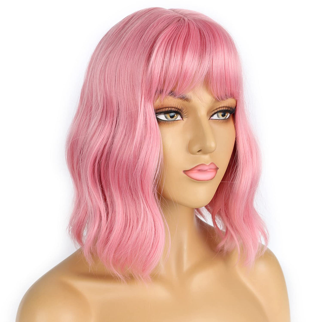 LANCAINI Pastel Bob Wigs with Bangs for Women Loose Wavy Wig Pastel Wavy Shoulder Length Bob Synthetic Cosplay Wig for Girl Colorful Costume Wigs (Pink)