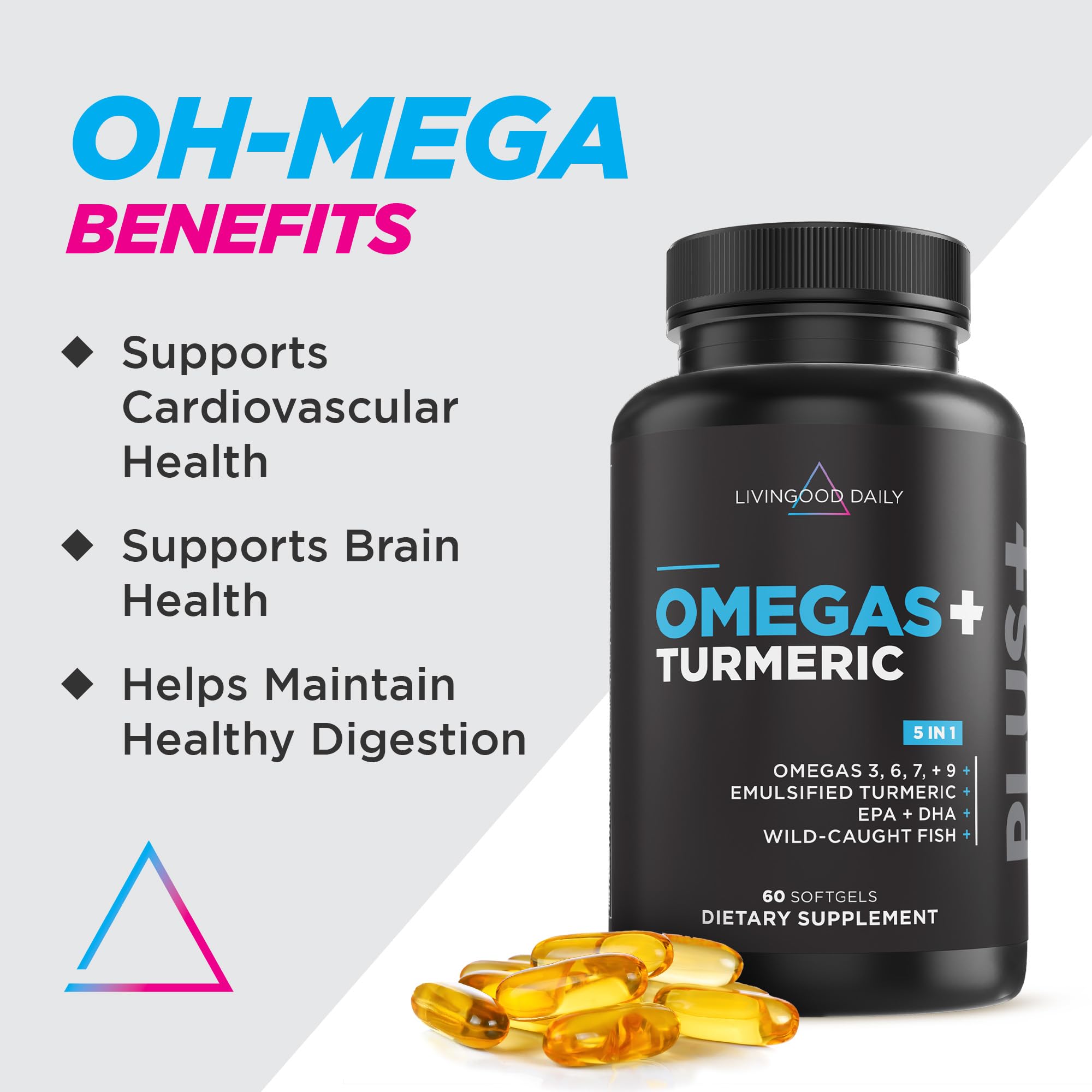 Livingood Daily Omega 3 6 9 Plus Turmeric Curcumin - Omega 3 Supplement (EPA & DHA) - Supports Heart Health - 60 Softgels