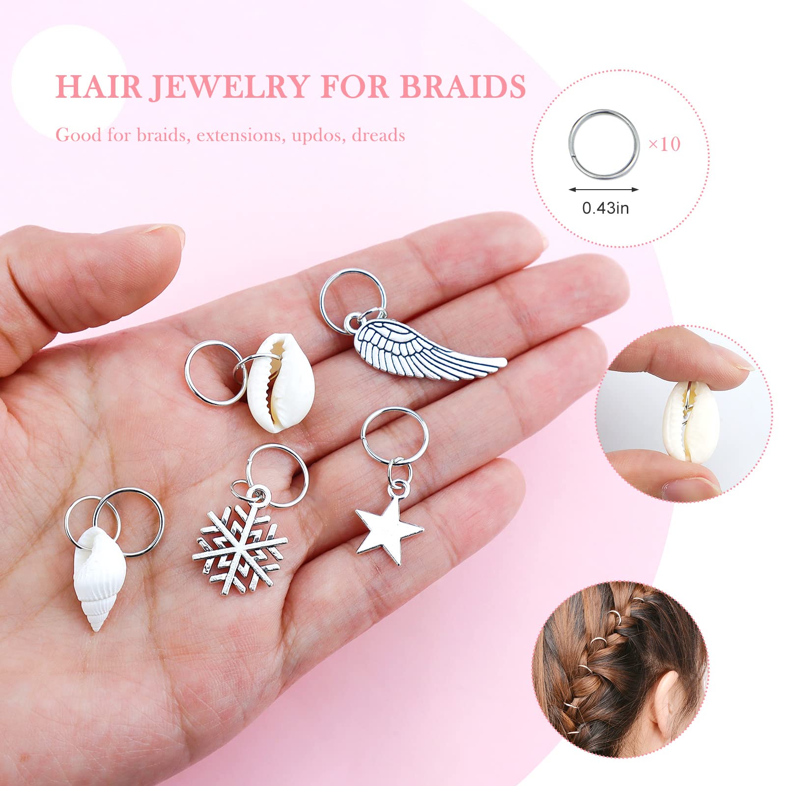 JIALEEY Hair Braid Rings, 50PCS Hair Loops Clips Silver Ring Shell Leaves Star Conch Snowflake Pendant Charms Set Hair Clip Headband Accessories