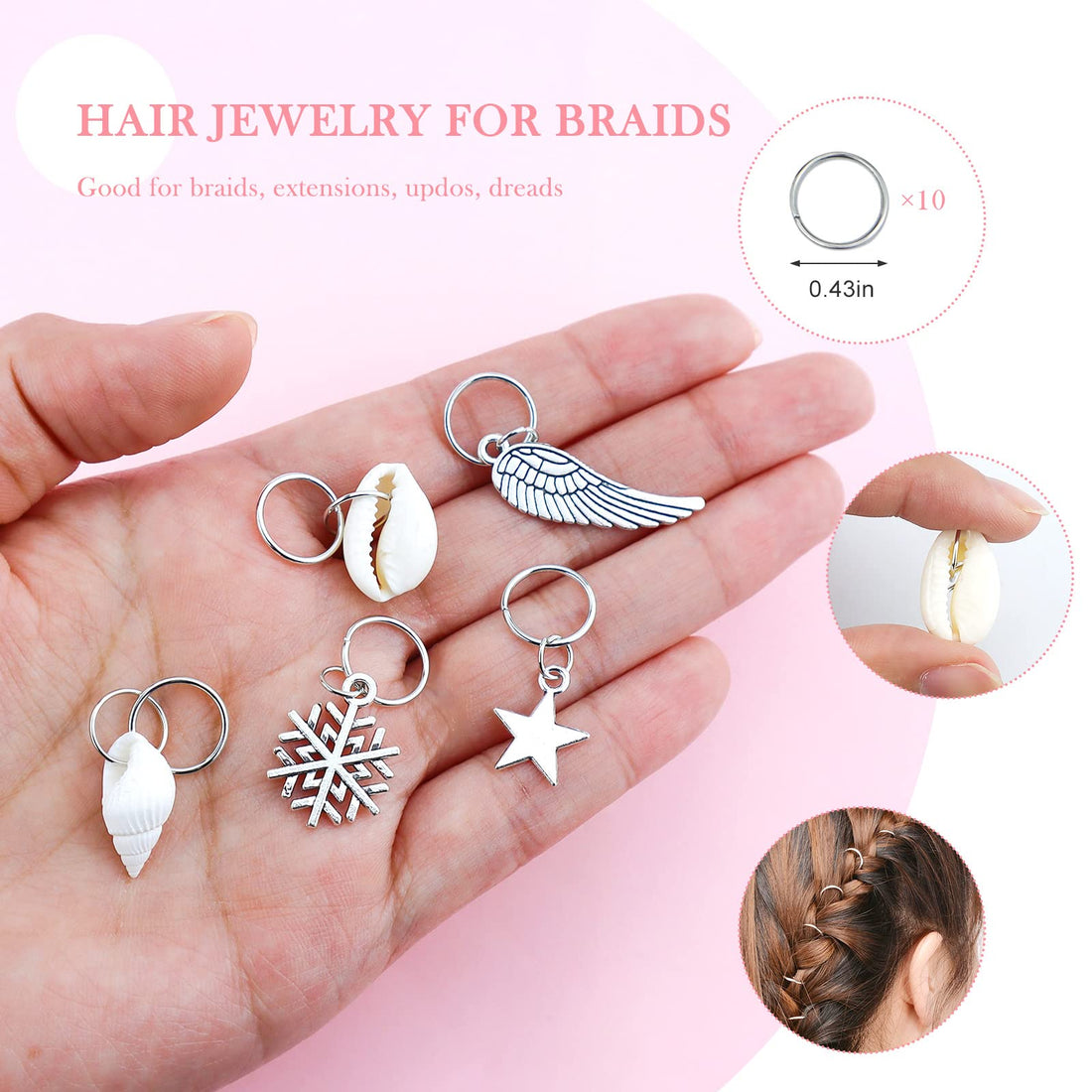 JIALEEY Hair Braid Rings, 50PCS Hair Loops Clips Silver Ring Shell Leaves Star Conch Snowflake Pendant Charms Set Hair Clip Headband Accessories