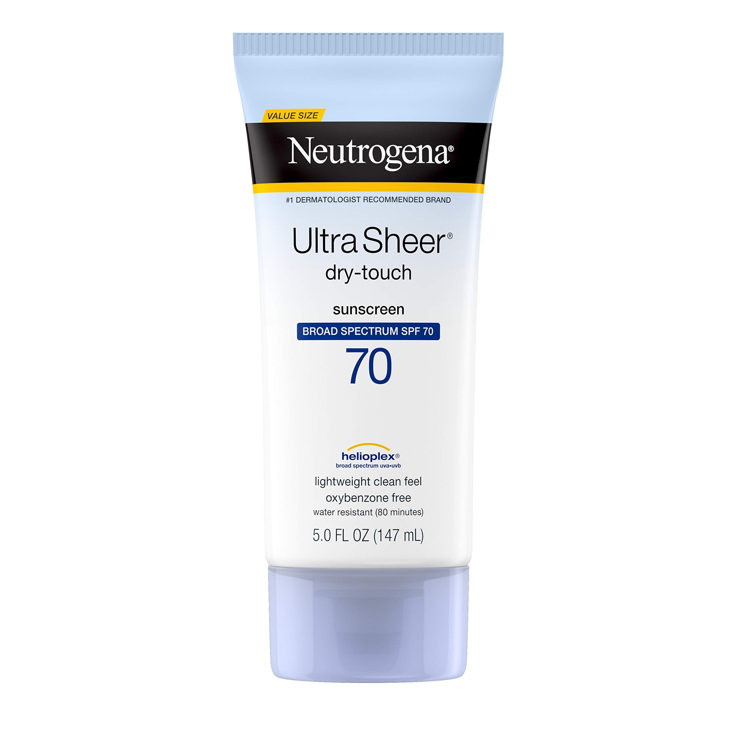 Neutrogena Ultra Sheer Dry-Touch Sunscreen Lotion, Broad Spectrum SPF 70 UVA/UVB Protection, Oxybenzone-Free, Light, Water Resistant, Non-Comedogenic & Non-Greasy, 5 fl. oz