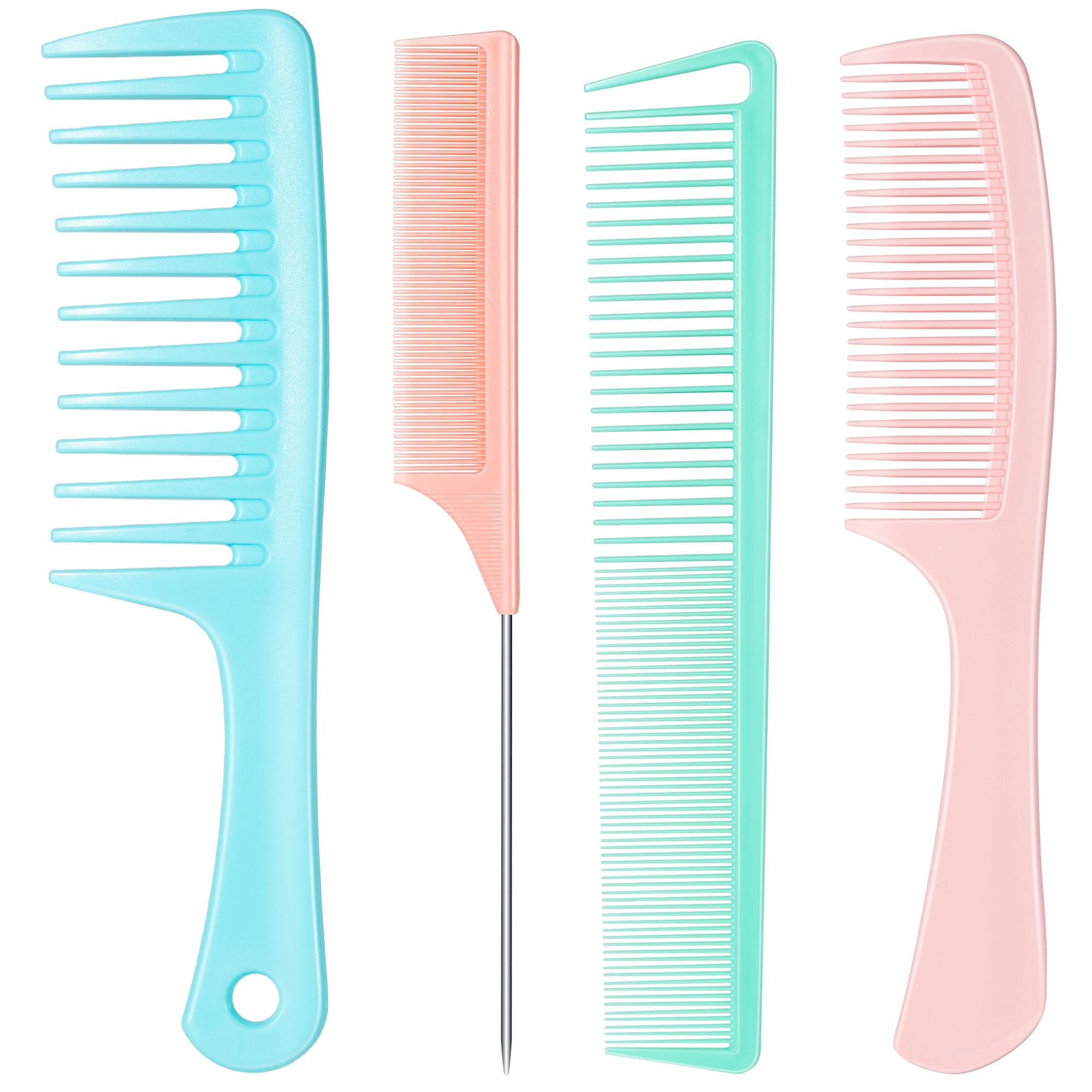 SALONSILK Dopamine Colorful 4PCS Professional Comb Set, Wide Tooth Rat Tail Fine Tooth Hair Combs, Braiding Cutting Barber Styling Curly Parting Set for Men and Women