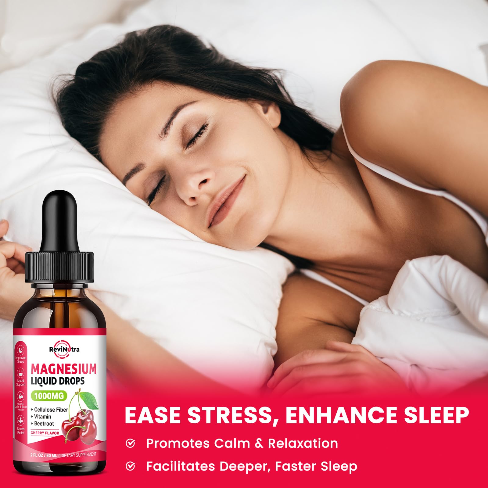 Magnesium Glycinate Liquid Drops, 1000mg Magnesium Glycinate, Citrate & Taurate with Fiber, Beetroot, Vitamin B & C for Sleep, Calm, Muscle, Energy & Relaxation, 2 Fl Oz, Sugar-Free Cherry Flavor