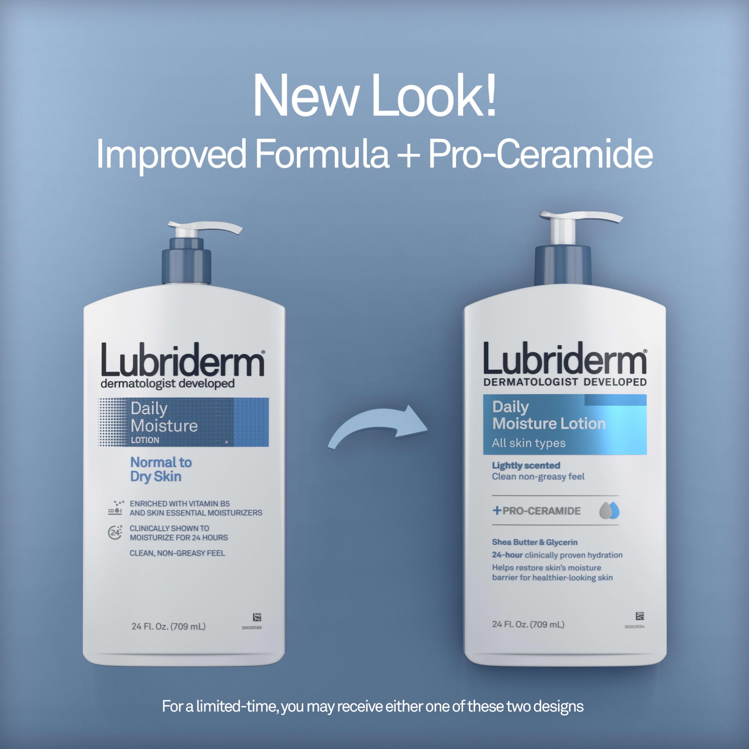 Lubriderm Daily Moisture Lotion + Pro-Ceramide with Shea Butter & Glycerin Helps Moisturize Dry Skin, Hydrating Face, Hand & Body Lotion, Light Scent, Non-Greasy, Twin Pack, 24 fl. oz, 2 Pack