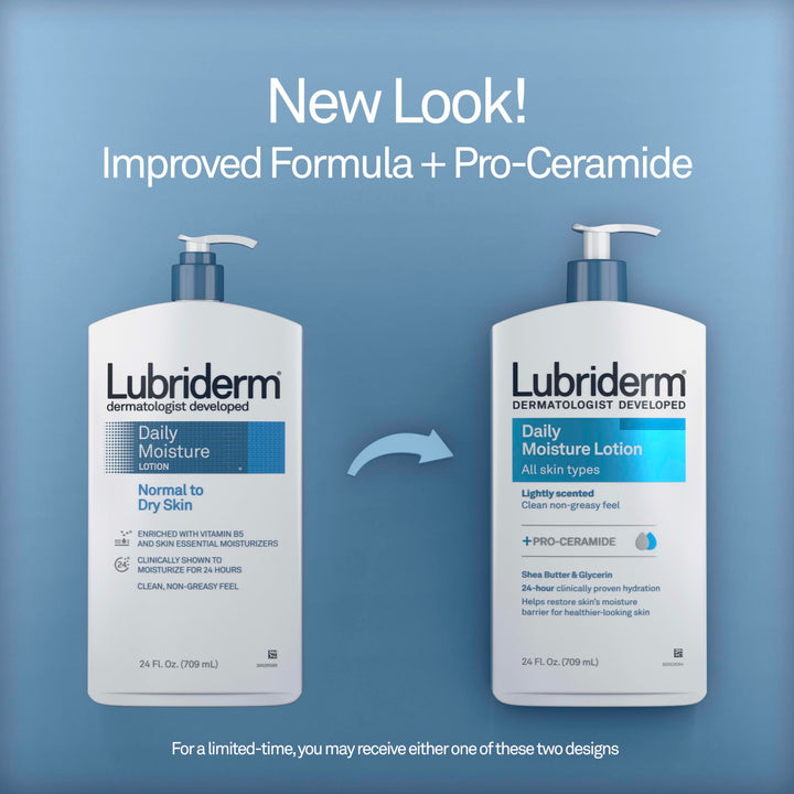 Lubriderm Daily Moisture Lotion + Pro-Ceramide with Shea Butter & Glycerin Helps Moisturize Dry Skin, Hydrating Face, Hand & Body Lotion, Light Scent, Non-Greasy, Twin Pack, 24 fl. oz, 2 Pack