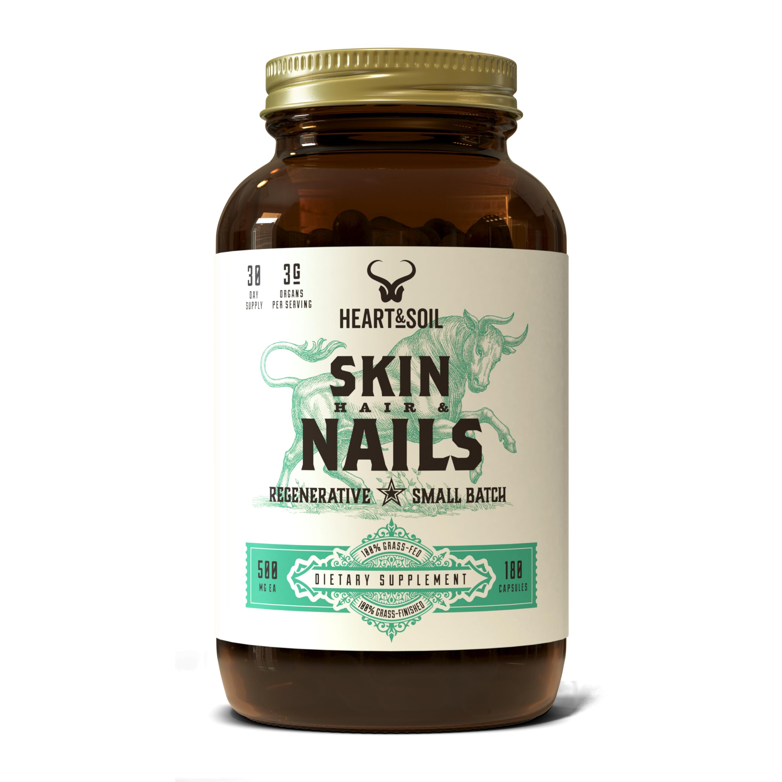 HEART & SOIL - Skin, Hair & Nails Supplement - Hair Skin and Nails Vitamins - Enriched with Biotin, Collagen, Vitamins A & E, Riboflavin, Elastin & More - 180 Capsules
