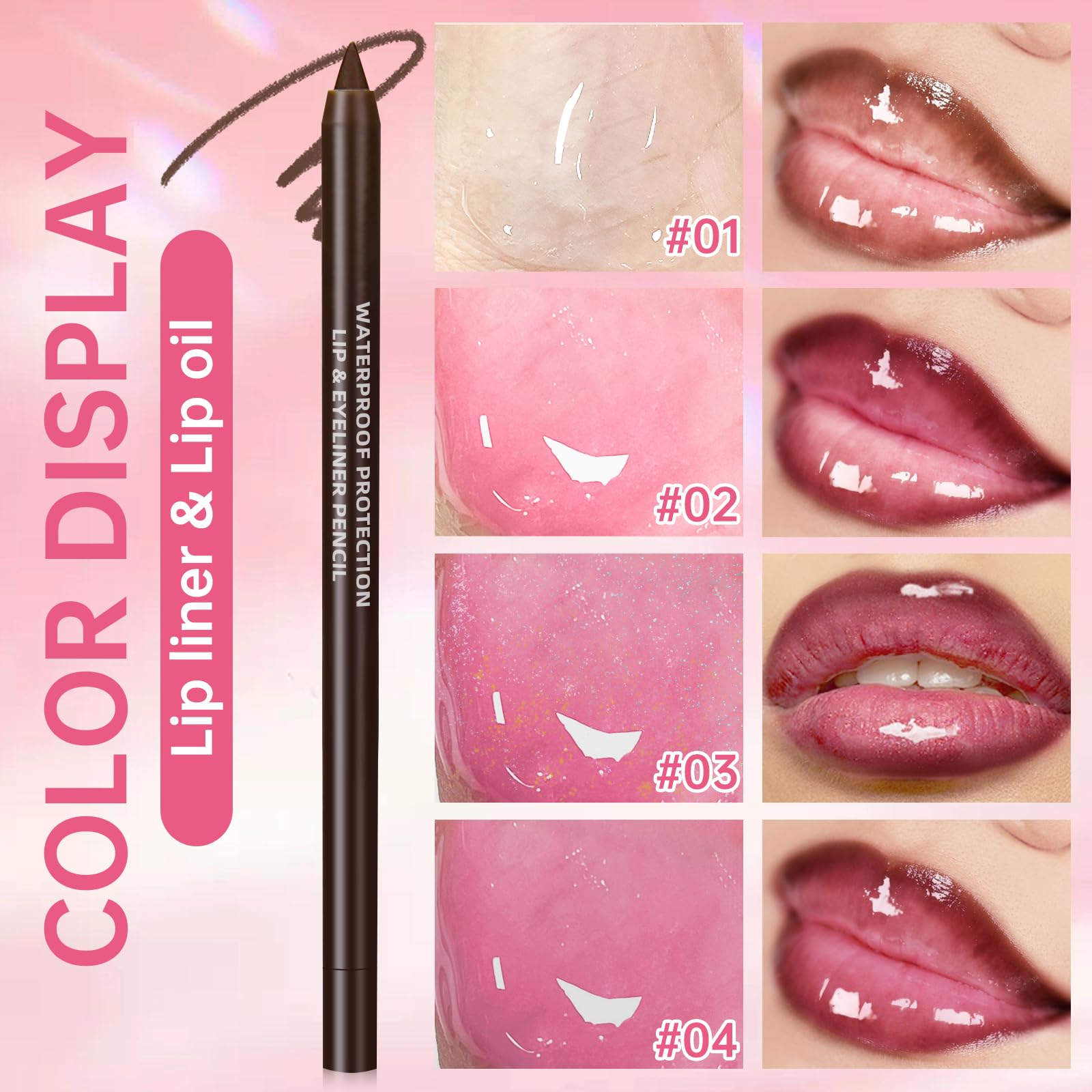 HOSAILY 4 Colors Hydrating Lip Oil Plumping + Lip Liner Set, Shiny Glow Reviver Lip Care Oil, Moisturizing Big Brush Head Clear Pink Glitter Transparent Lip Gloss Combo Makeup Present for Women
