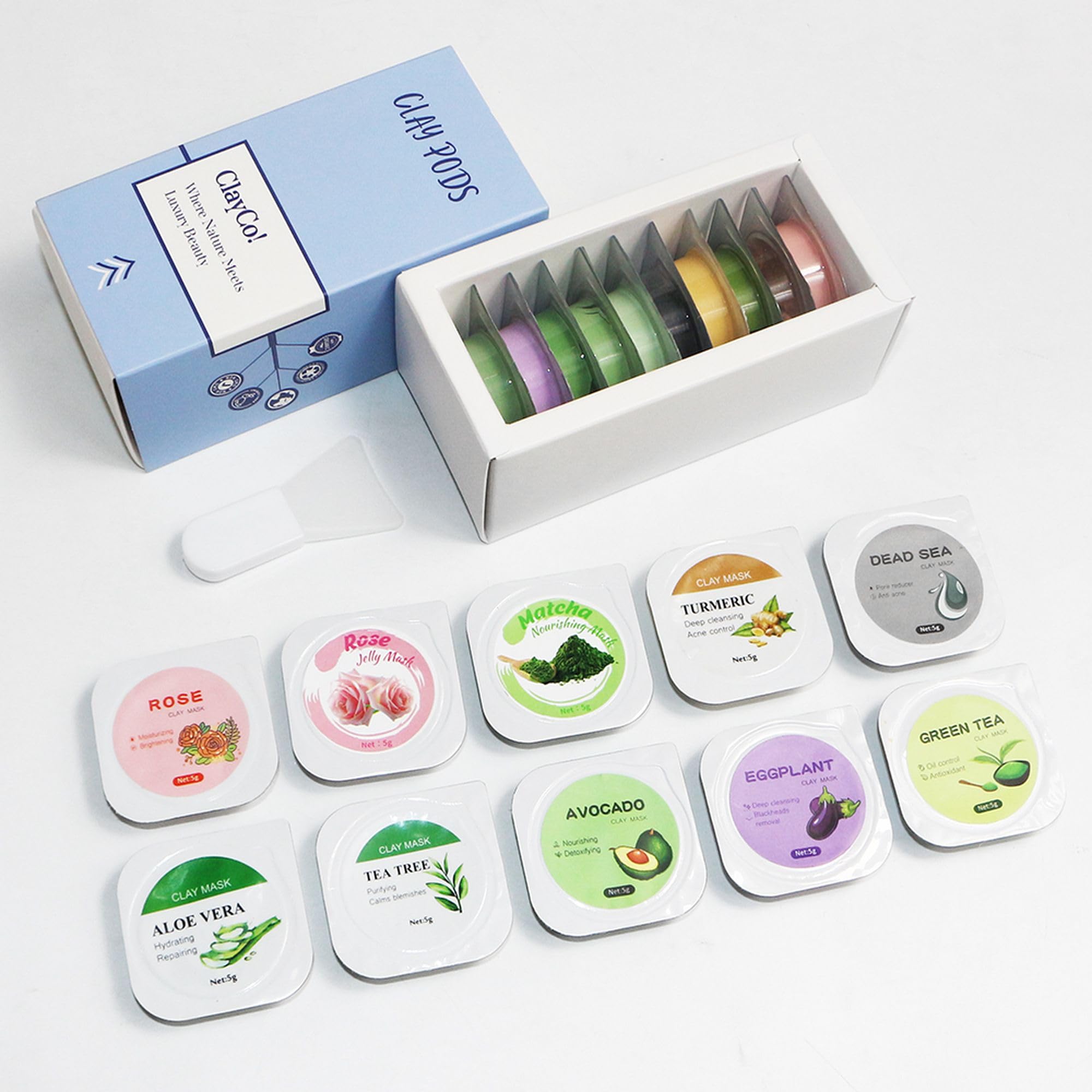 ClayCo! 10 Piece Clay Mask Variety Kit for Men & Women Facial and Skin Care, Clay Face Mask Set (Rose, Rose Jelly, Matcha, Turmeric, Dead Sea, Green Tea, Aloe Vera, Avocado, Eggplant, Tea Tree)