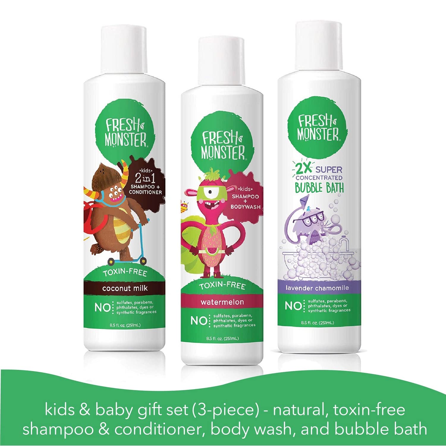 Fresh Monster Kids & Baby Gift Set - Natural, Toxin-Free Shampoo & Conditioner, Body Wash, and Bubble Bath (3 Piece)