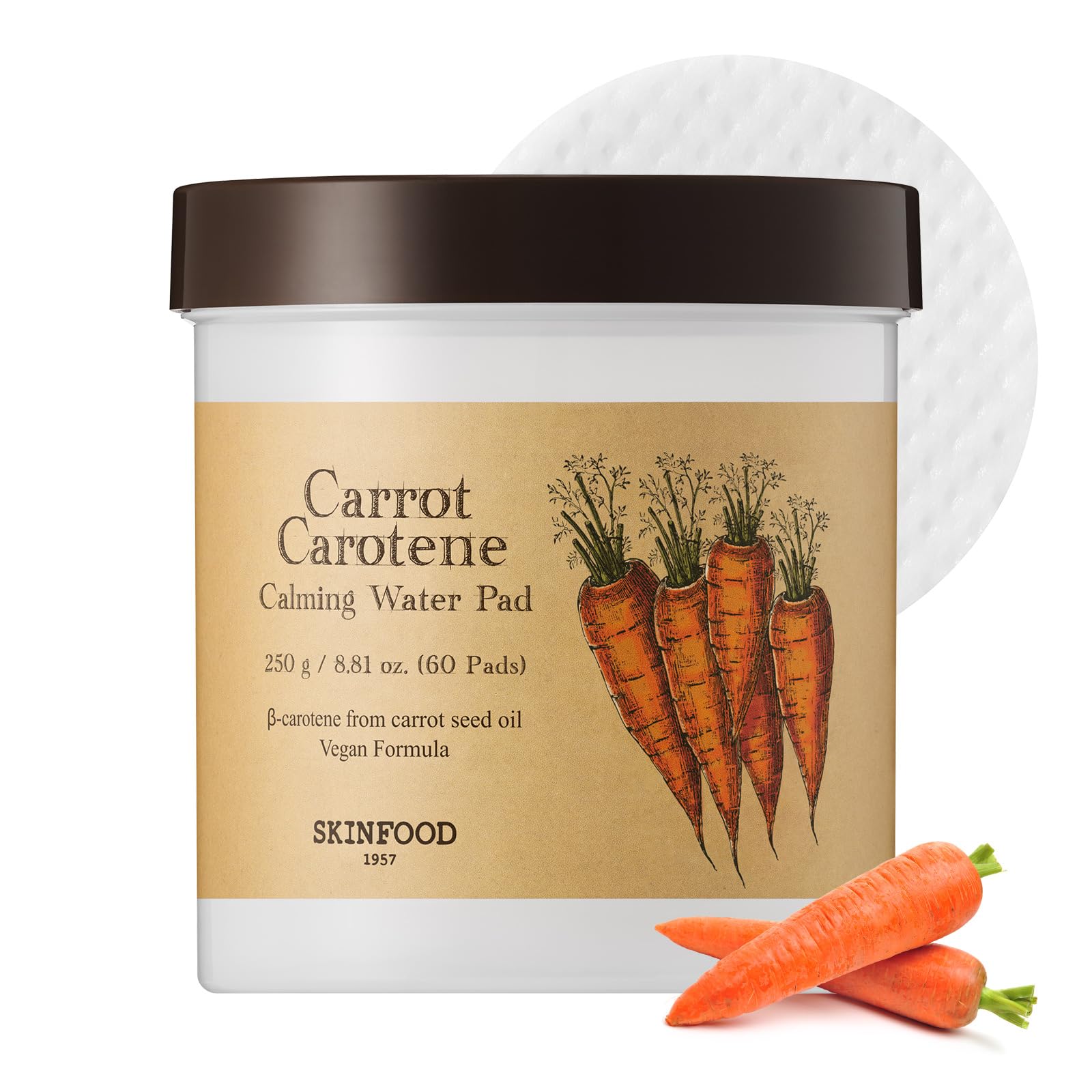 SKINFOOD Carrot Carotene Calming Water Pad 250g (8.81 oz.) 60 Sheets- Redness Relief Soothing Facial Toner Pads for Sensitive Skin, Cruelty Free