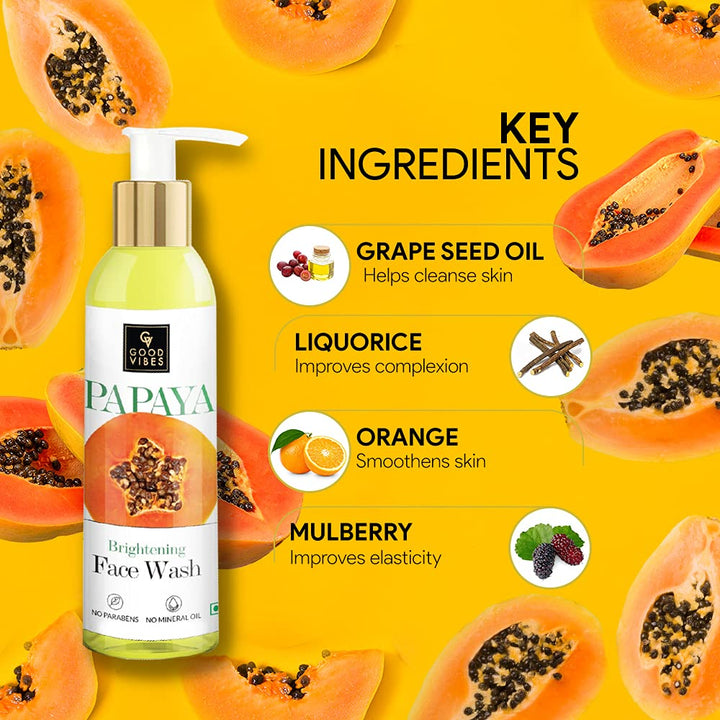 Good Vibes Papaya Brightening Face Wash 200 ml - Radiant Glowing Moisturizing Brightening Anti Ageing Pore Cleansing Formula for All Skin Types, Natural, No Parabens & Mineral Oil, No Animal Testing