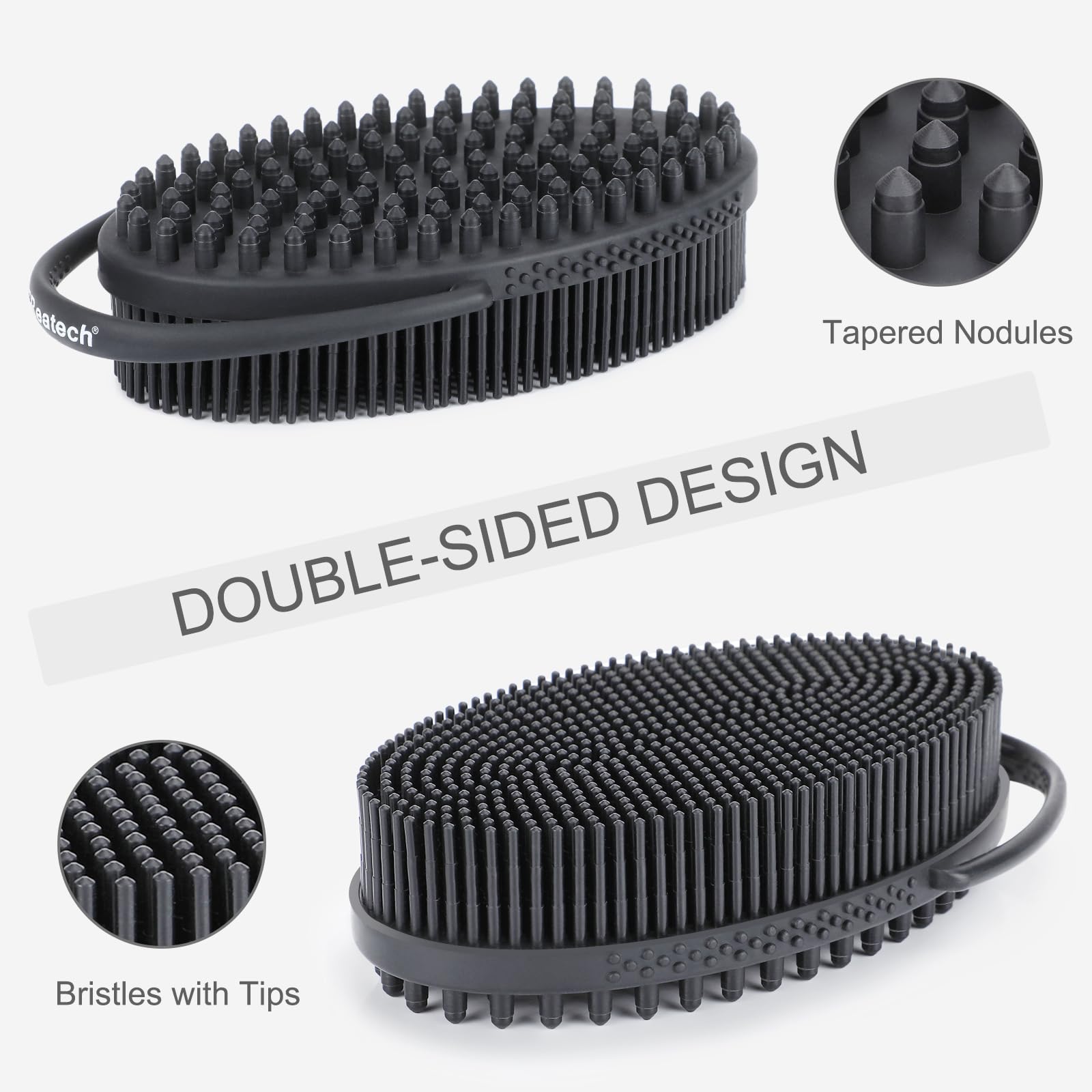 FREATECH Silicone Body Scrubber with Loop Handle, Gentle Exfoliating Body Cleansing Brush for Use in The Shower or Bath, More Hygienic Than Loofah, Easy to Clean, Long-Lasting, Black