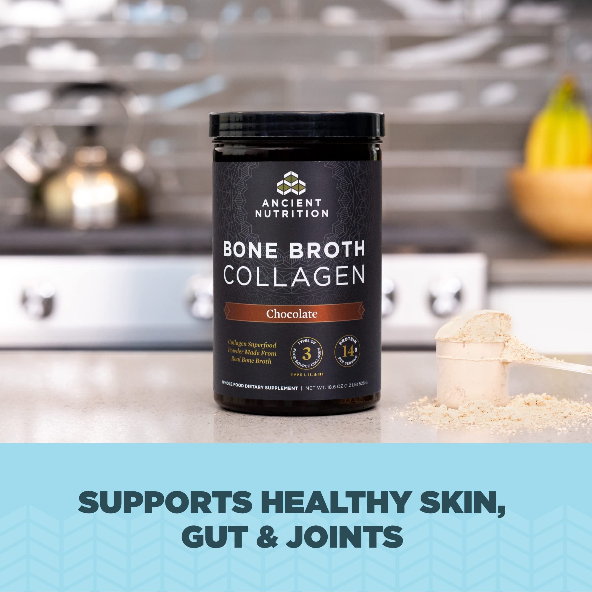 Collagen Powder, Bone Broth Collagen by Ancient Nutrition, Chocolate, Hydrolyzed Multi Collagen Peptides, Supports Skin and Nails, Joint Supplement, 30 Servings, 18.6oz