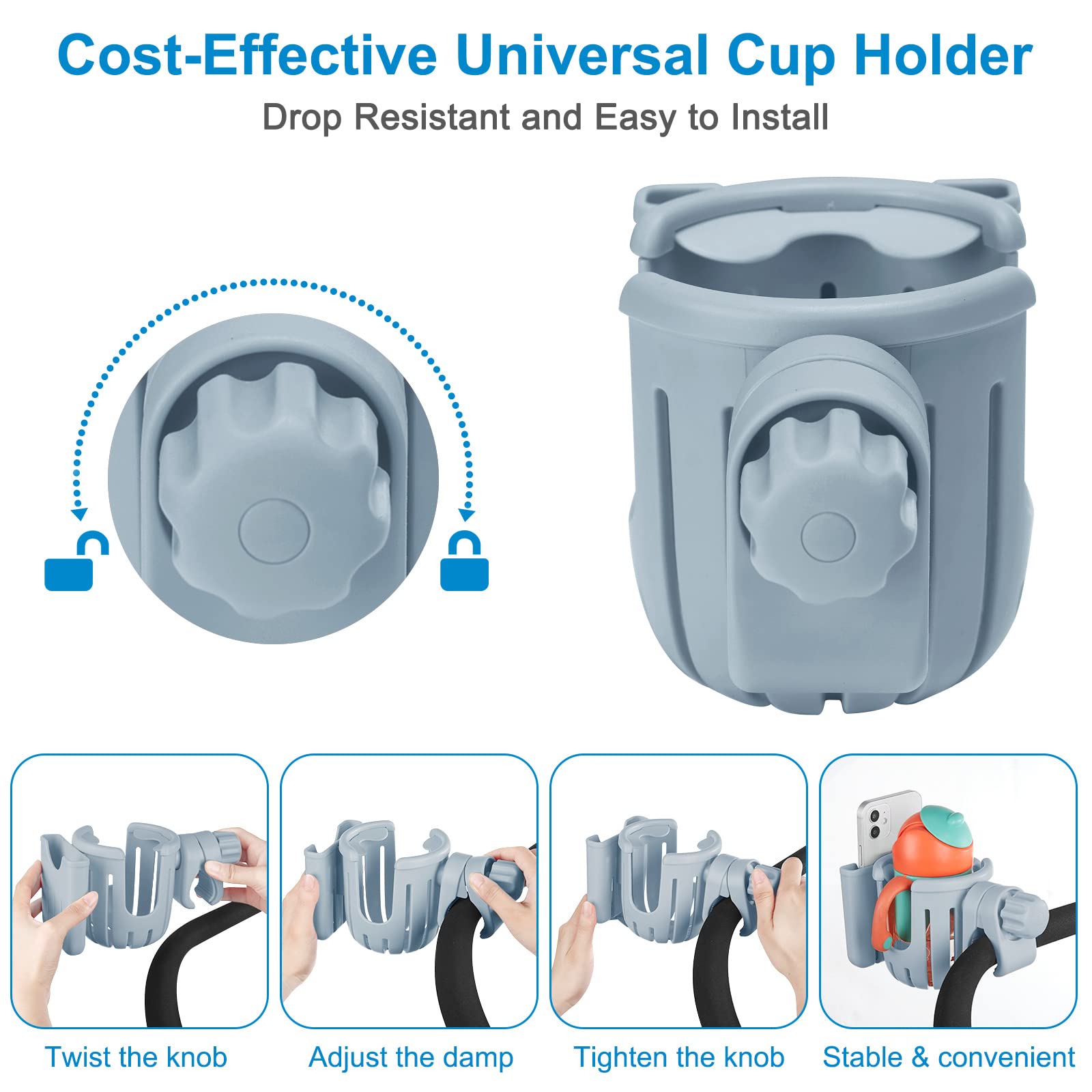 Accmor Stroller Cup Holder with Phone Holder, Bike Cup Holder, 2-in-1 Universal Cup Phone Drinks Holder for Stroller Walker Wheelchair, Grey