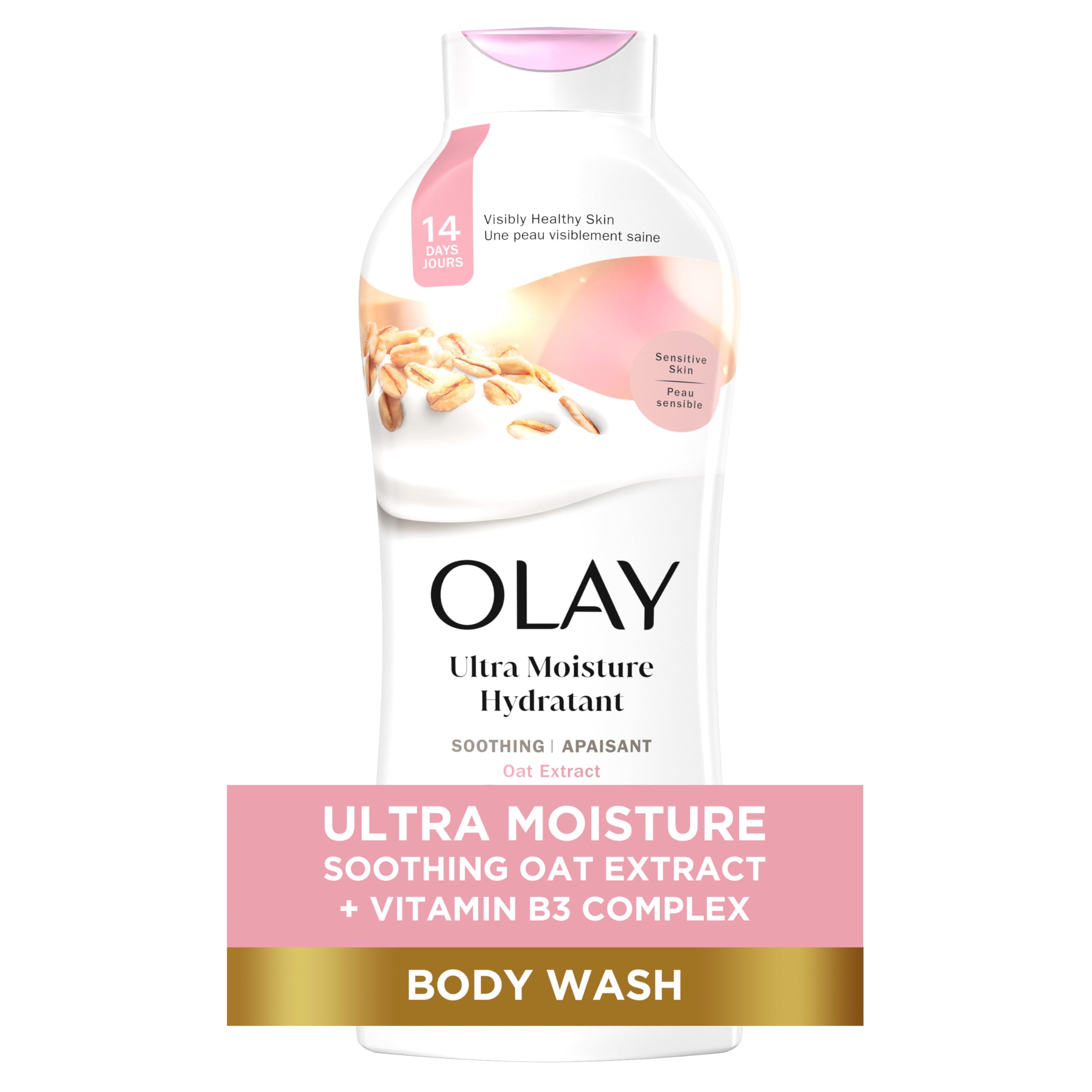 Olay Ultra Moisture Soothing Body Wash for Sensitive Skin with Oat Extract, 24hr Long Lasting Hydration, Vitamin B3 Complex, Designed for All Skin Types, Scented, 22 fl oz