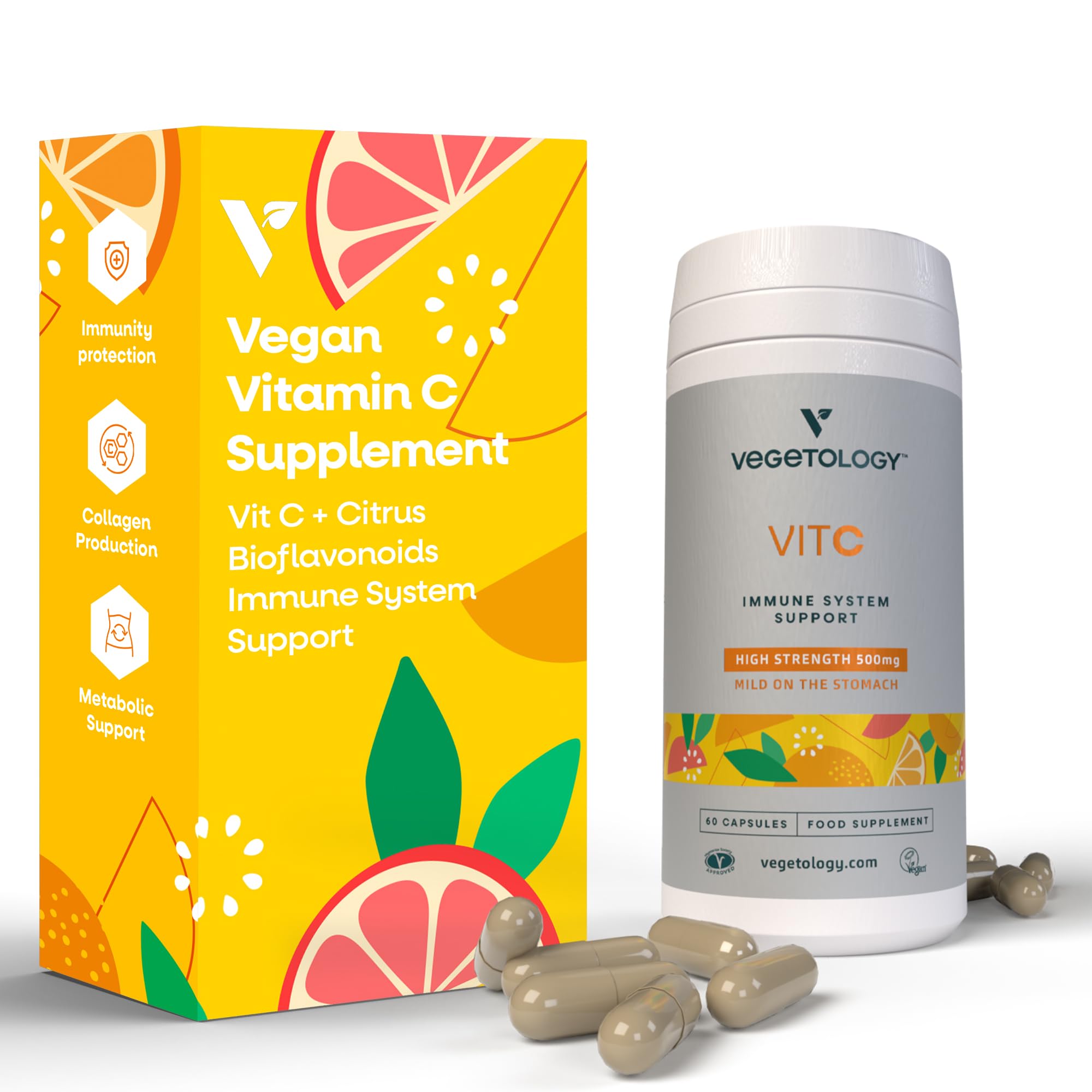 VEGETOLOGY Vegan Vitamin C Supplements — VIT C + Citrus Bioflavonoids — Vitamins and Health Supplements — Daily Supplements (60 Capsules) — Vitamin C 500mg Capsules — Antioxidants Supplement