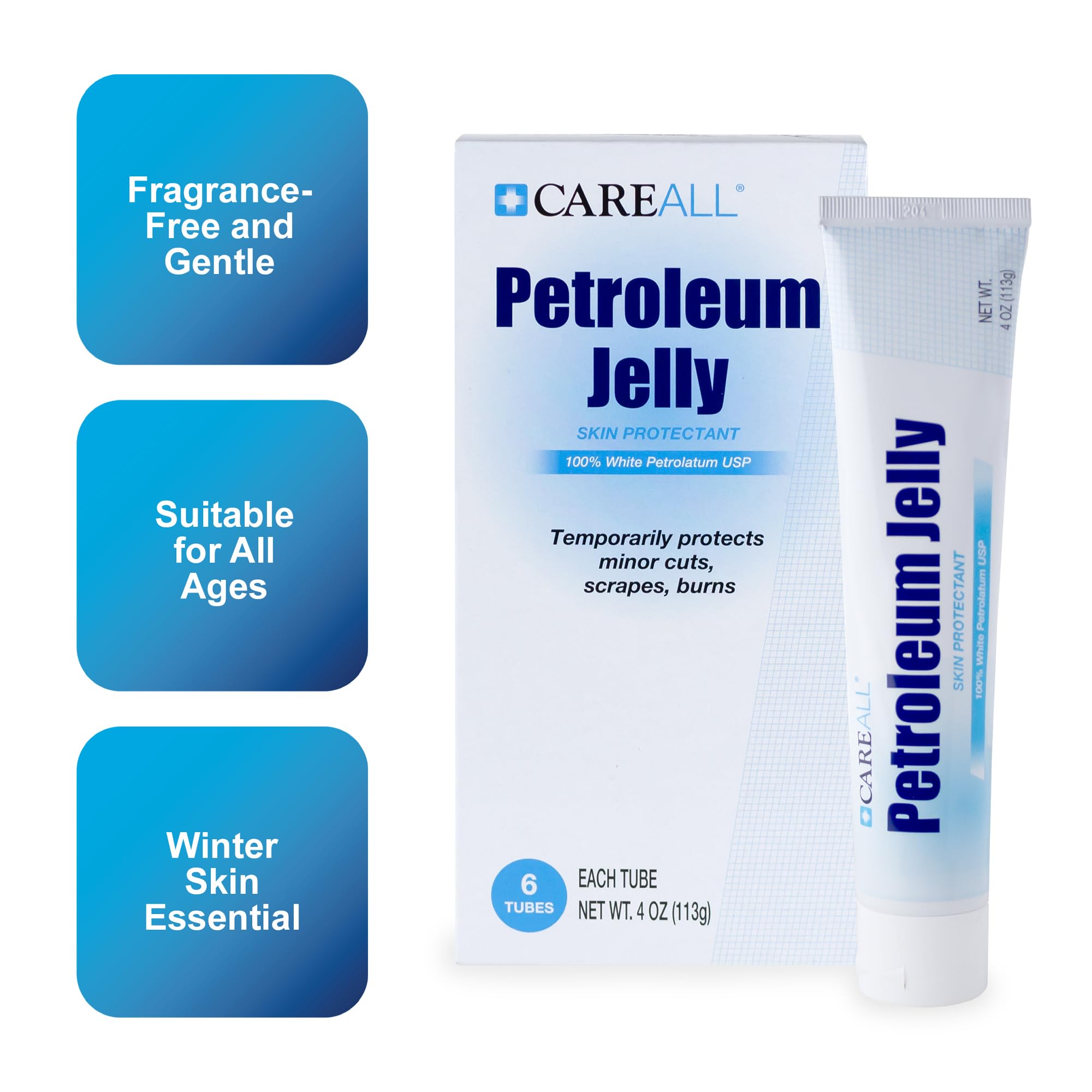 CareALL Petroleum Jelly 4 Oz. Tube (6 Pack), Unscented, 100% Pure White Petrolatum Jelly USP, Moisturizer for Dry Cracked Skin and Lips, Protectant for Minor Cuts, Scrapes, Burns.