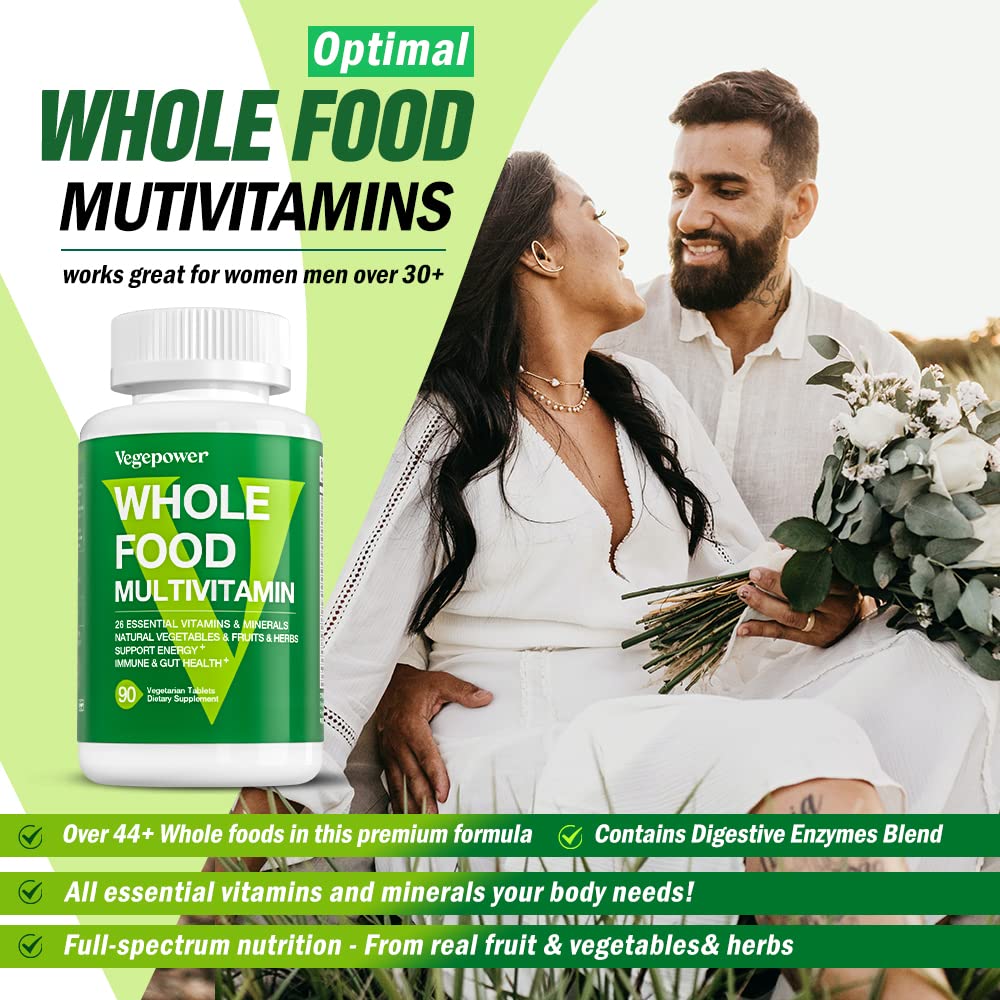 Whole Food Multivitamin for Men Women - with 65+ Vitamins, Minerals, Organic Nature Powder & Extracts - Whole Food Supplement for Energy, GUT, immune Health - All Natural, Non-GMO 90 Vegan Tablets