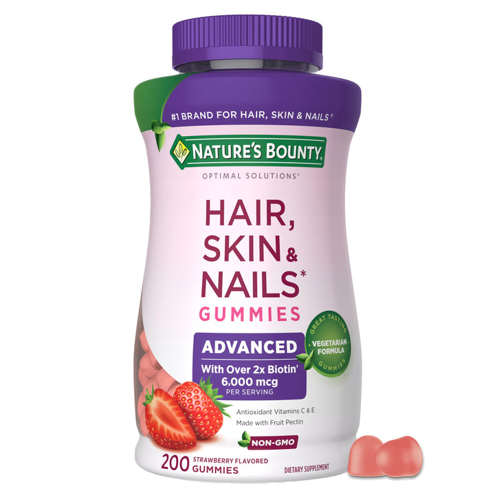 Nature's Bounty Optimal Solutions Advanced Hair, Skin and Nails Pectin Gummies, 2X Biotin Per Serving, Made with Fruit Pectin, No Stick Gummy, Vegetarian Formula, Non-GMO, Strawberry Flavor, 200 ct