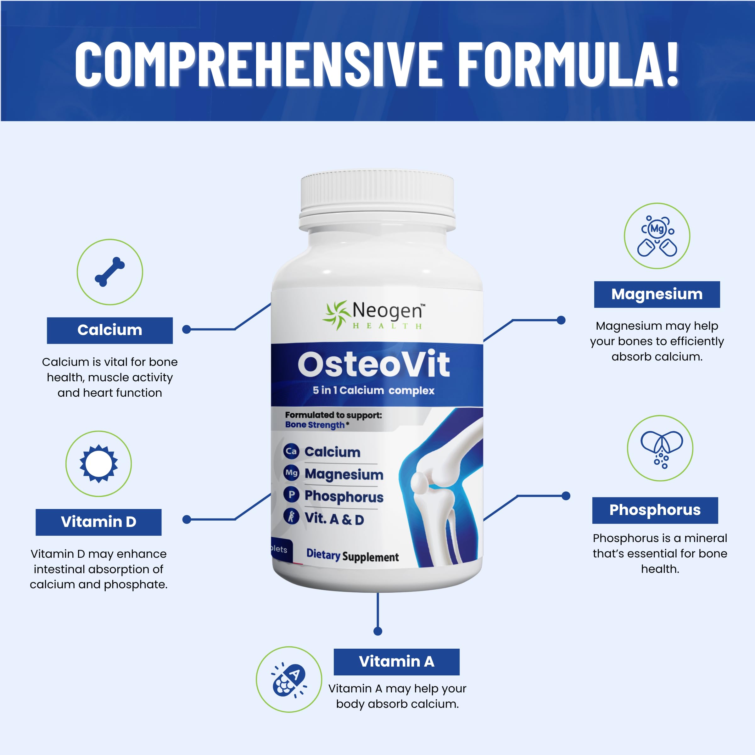 OsteoVit 5-in-1 Calcium 120 tabs Multivitamin: Calcium, Magnesium, Phosphorus, Vitamin D3 & A - Bone Strength & Flexibility*, Non-GMO Gluten Free | Calcium Supplement for Women & Men with Vitamin D