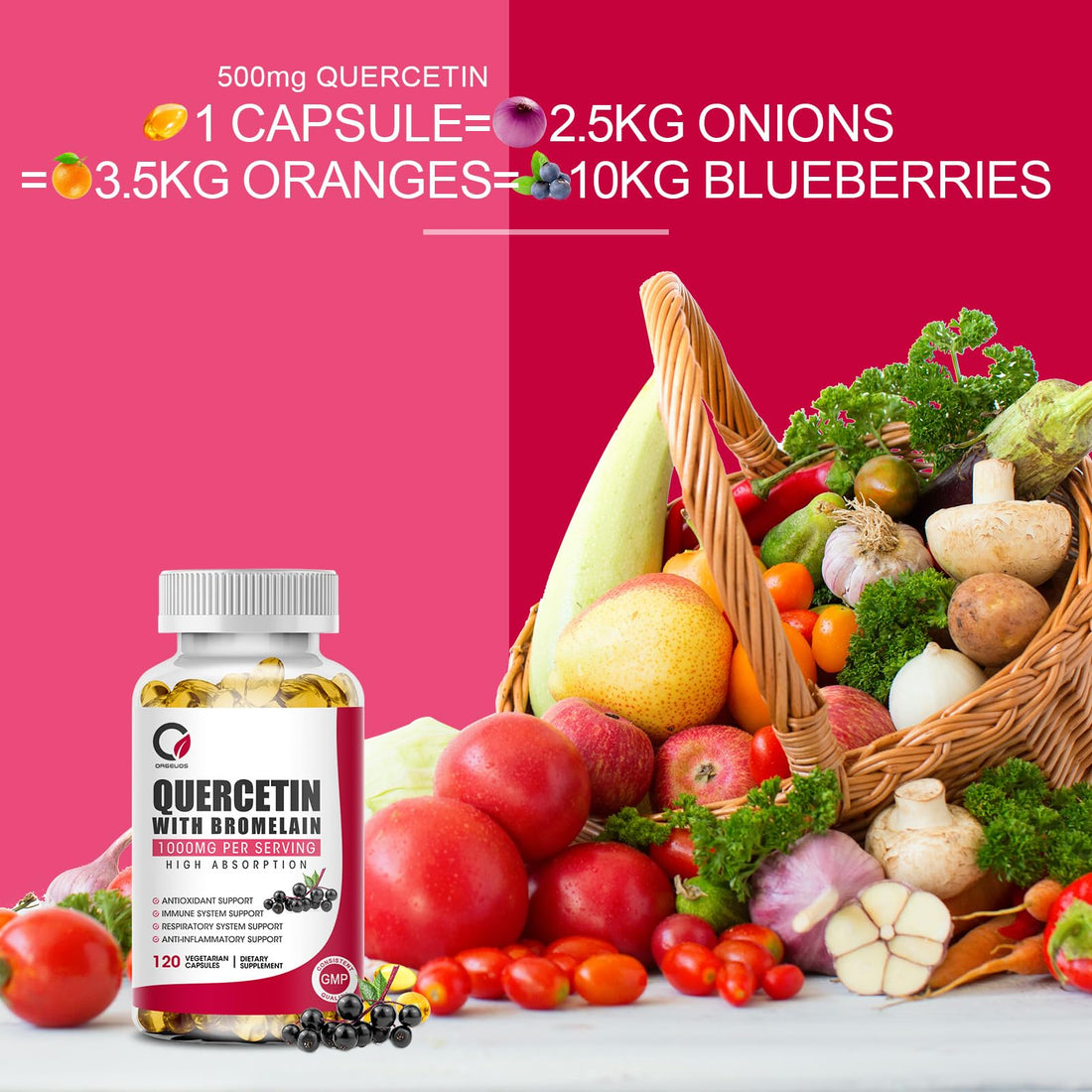 Quercetin with Bromelain 1000mg 120 Capsules with Vitamin C & D3, Zinc, Immune Support Supplement, Quercetin Supplements with Bromelain, Supports Respiratory System, Veg, Non-GMO & Gluten Free