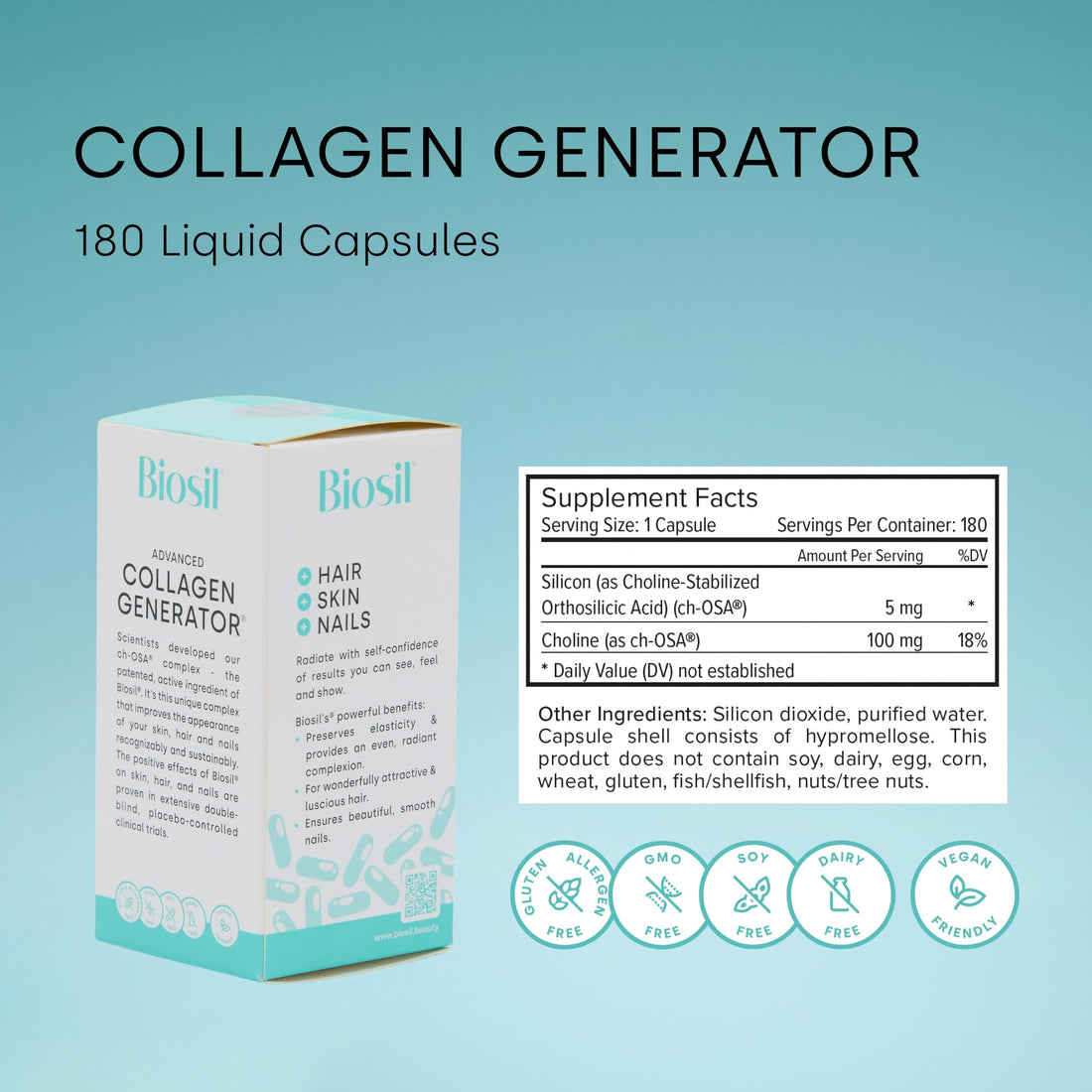 Biosil Collagen Generator - 180 Liquid Capsules - with Patented ch-OSA Complex - Generates & Protects Your Own Collagen - GMO Free - 90-Day Supply