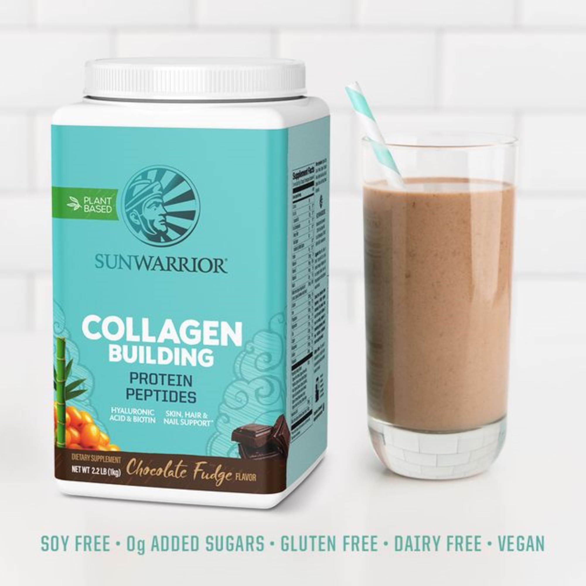 Sunwarrior Vegan Collagen Building Peptides Plant-Based Protein Powder with Hyaluronic Acid & Biotin for Hair Skin Nail Support Non-GMO Dairy Sugar Free Low Carb | Chocolate 40 Servings