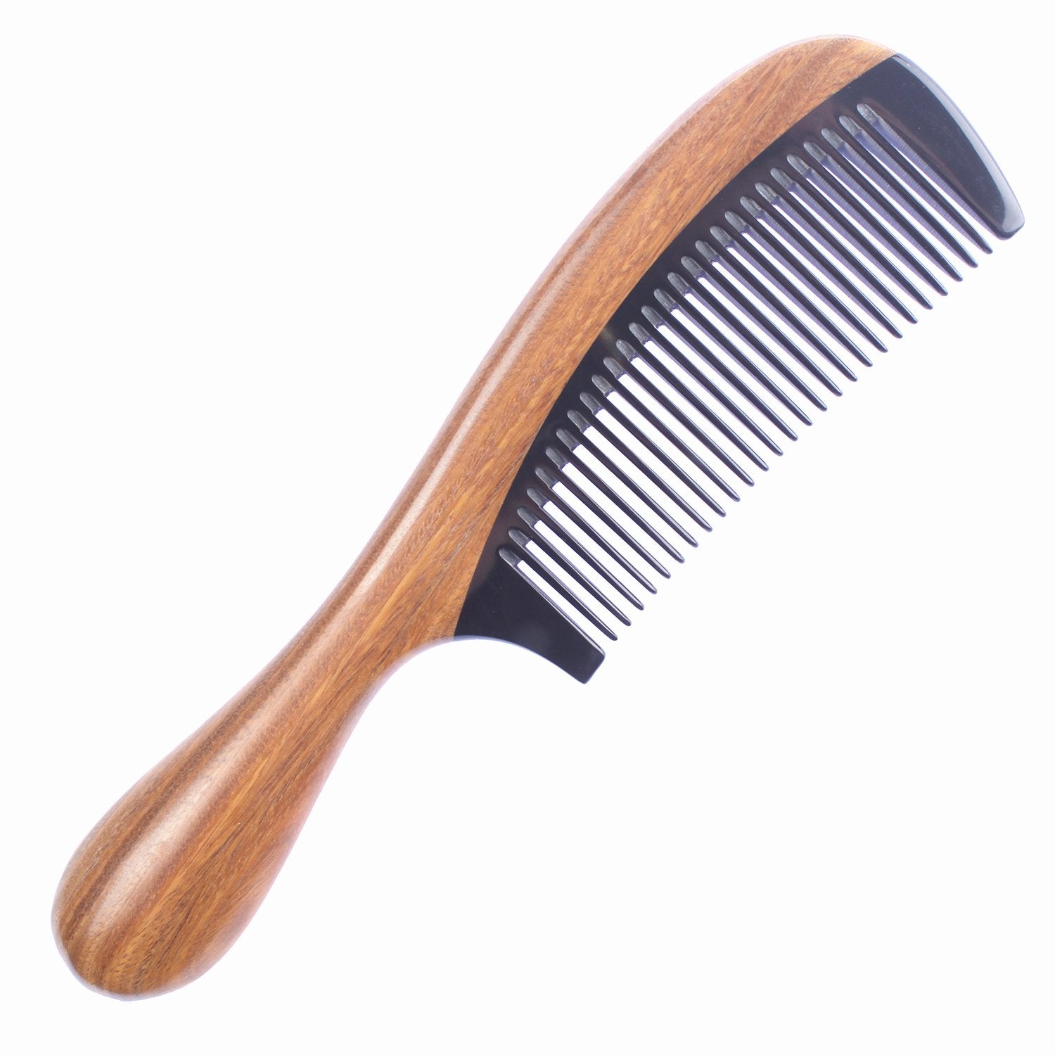 Breezelike No Static Black Buffalo Horn Fine Tooth Comb with Round Sandalwood Handle
