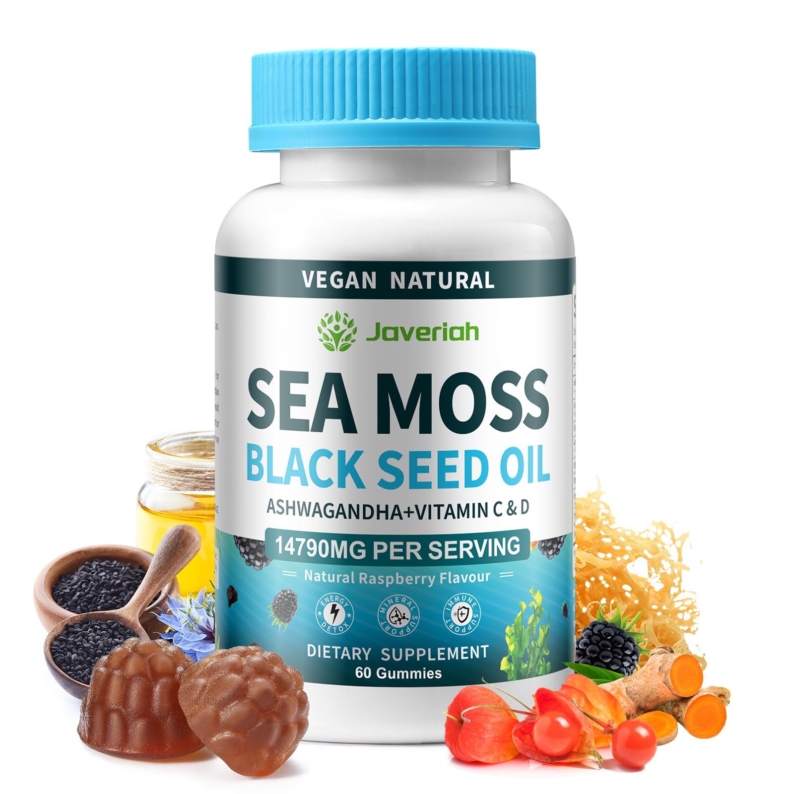 Vegan Sea Moss Gummies with Black Seed Oil,Ashwagandha, Vitamin C&D for Immune Support, Digestive, Antioxidant 13 in 1 Bundle, Sea Moss Chlorophyll Advanced Strength Formula 60 Gummies