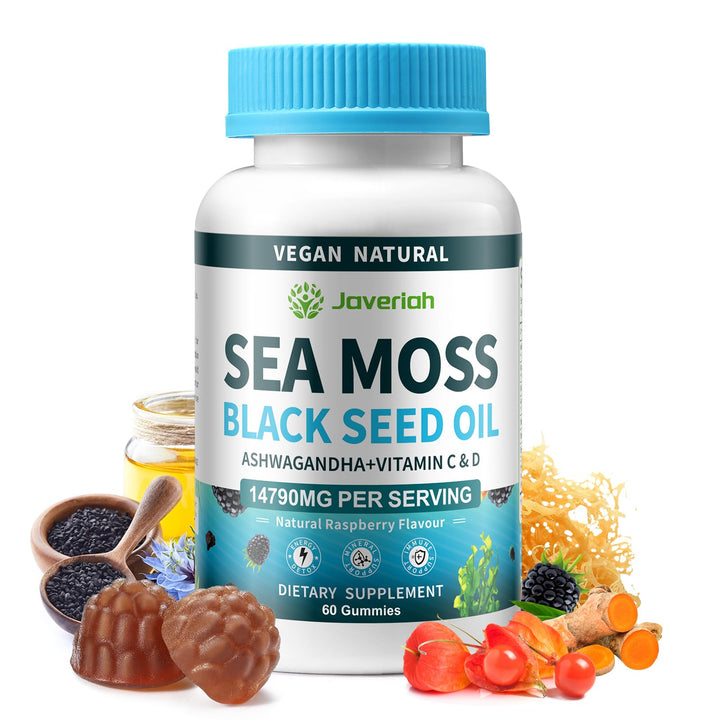 Vegan Sea Moss Gummies with Black Seed Oil,Ashwagandha, Vitamin C&D for Immune Support, Digestive, Antioxidant 13 in 1 Bundle, Sea Moss Chlorophyll Advanced Strength Formula 60 Gummies