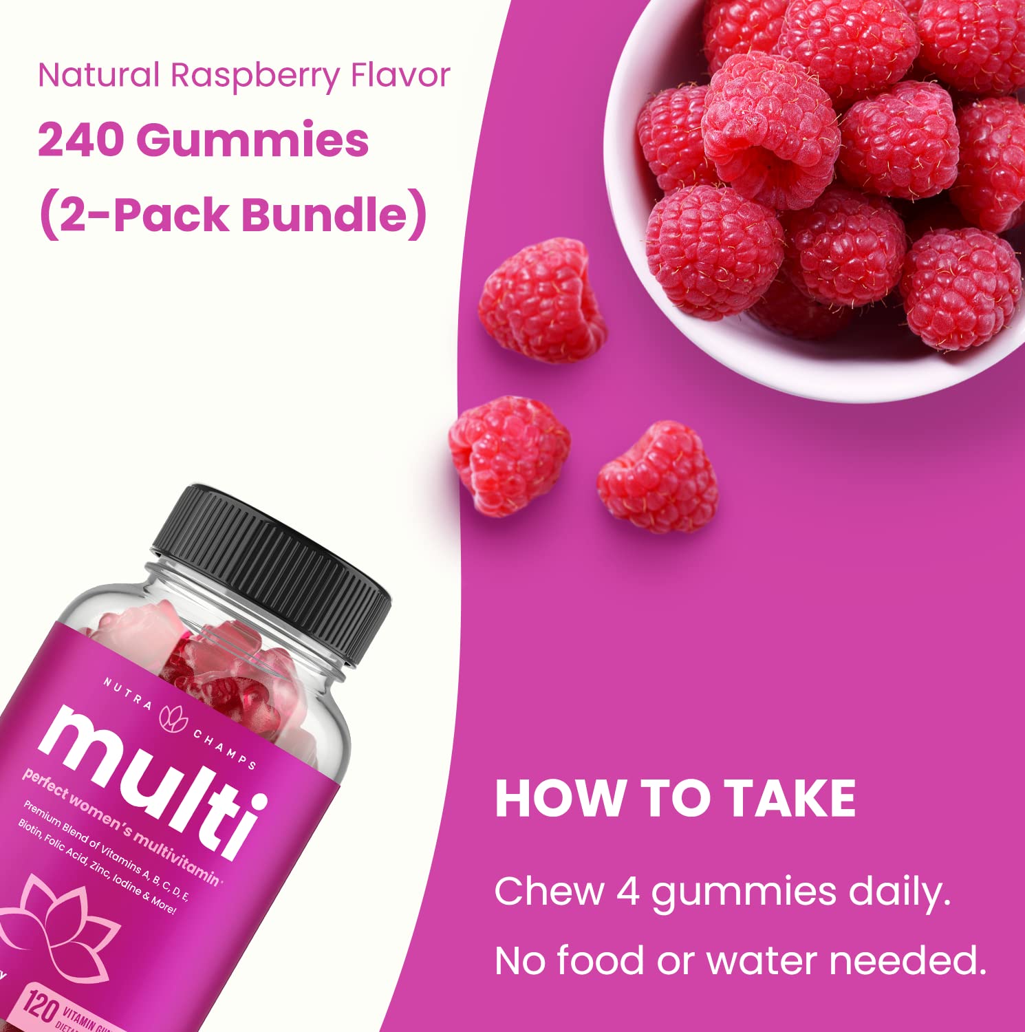 NutraChamps Multivitamin for Women, 240 Count, Vitamins A, B, C, D, E, Biotin, Folic Acid, Womens Gummy Multivitamins, Chewable Daily (Pack of 2)