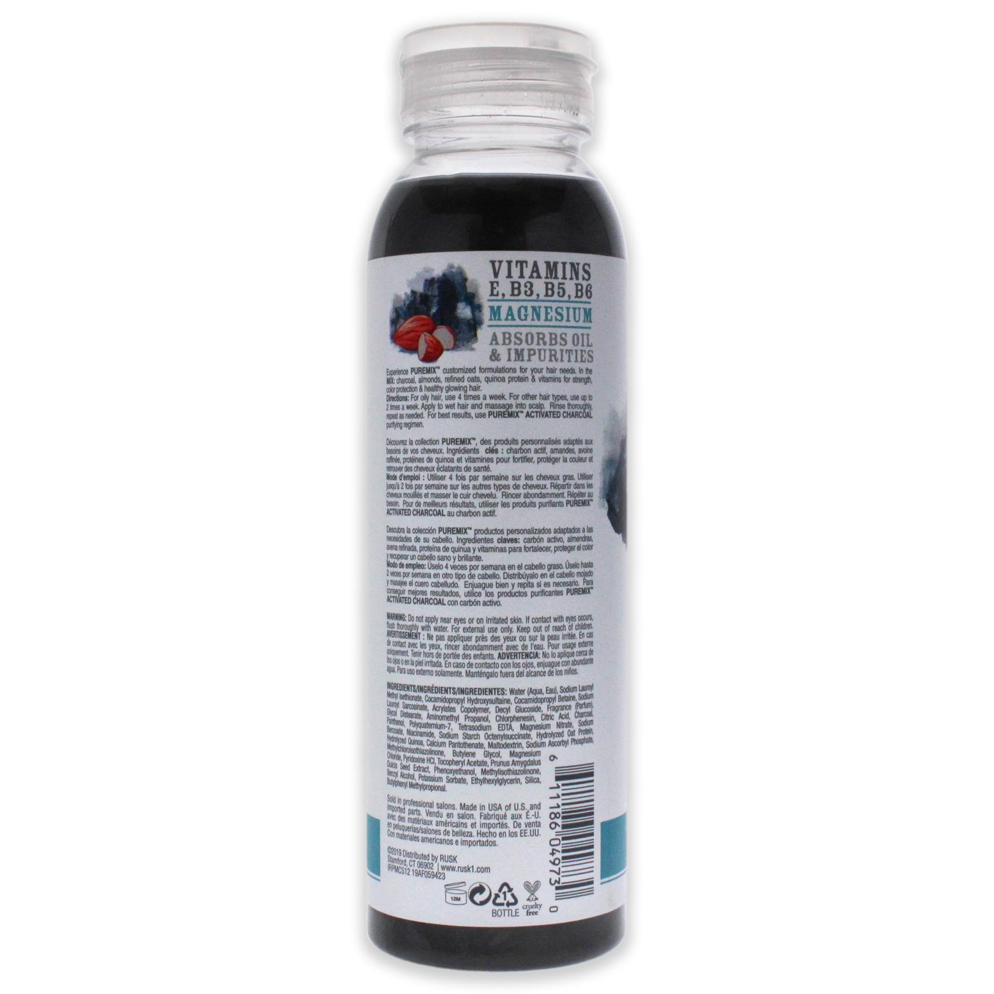 RUSK Puremix Activated Charcoal Purifying Shampoo, Cleanses and Absorbs Excess Oil, Dirt, and Gunk Without Stripping Away Natural Oils, 12 oz.