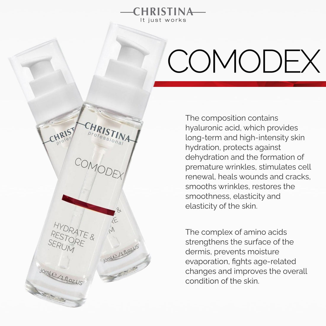 Christina Comodex Hydrate & Restore Serum with Hyaluronic Acid - 30ml - Facial Hydrating Serum to Regenerate & Rejuvenate - For Dehydrated Oily, Open Pores, Combination, & Nomal Skin