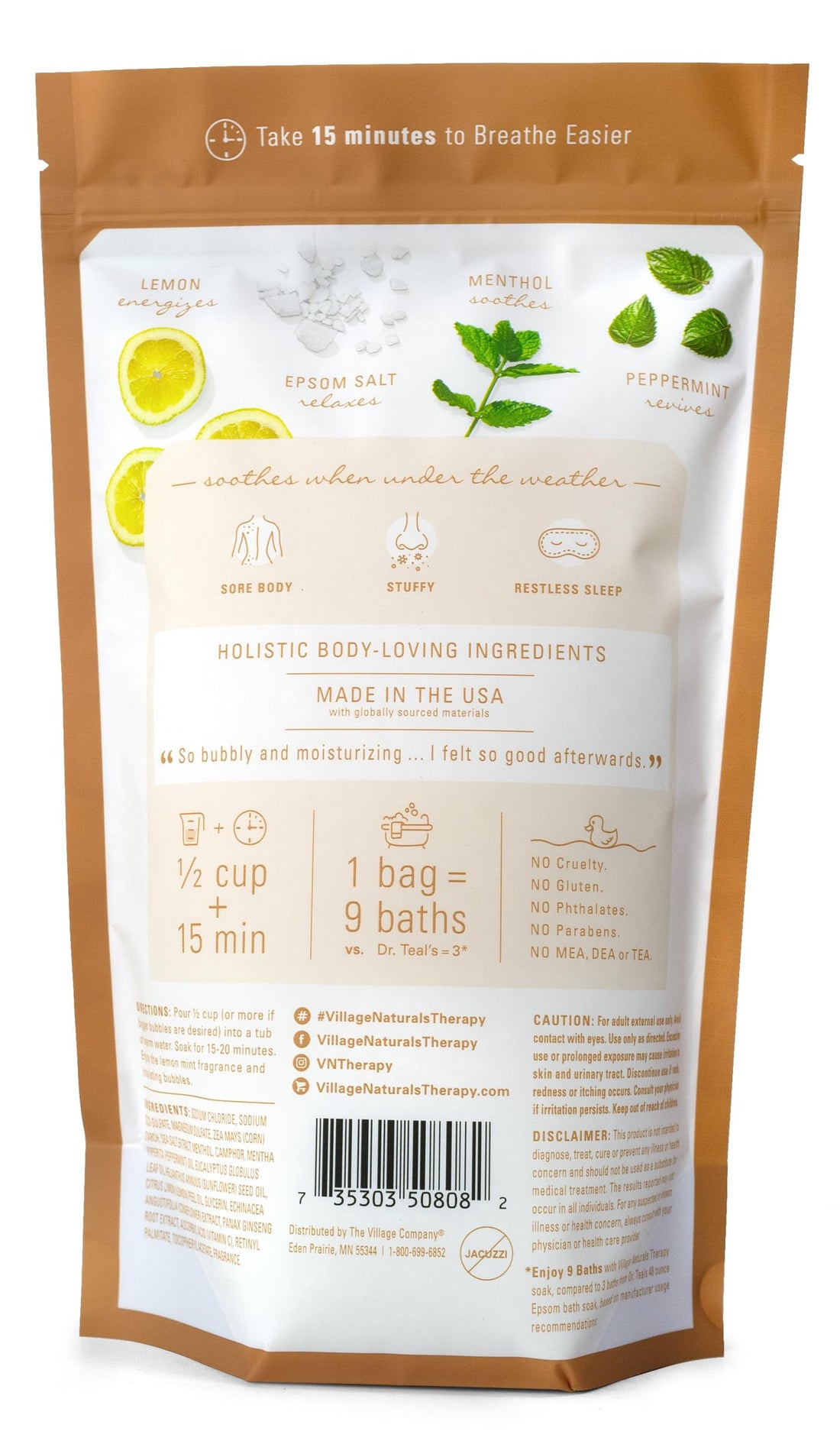 Village Naturals Breathe Foaming Body Soak, Epsom Salt, Essential Oils, Soothing Bubbles, Sea Salt 36 oz, Pack of 2