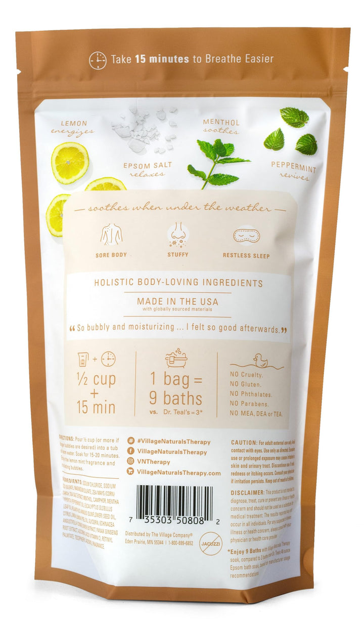 Village Naturals Breathe Foaming Body Soak, Epsom Salt, Essential Oils, Soothing Bubbles, Sea Salt 36 oz, Pack of 2