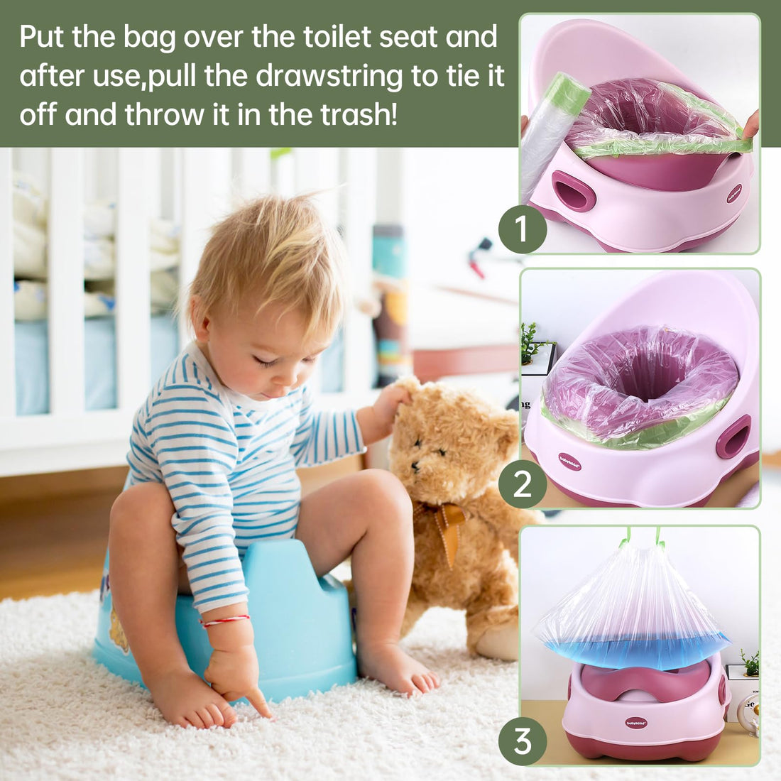 100 Pack Potty Chair Liners with Drawstring,Training Toilet Seat Potty Bags,Disposable Cleaning Bag for Kids Toddler Adults Pet Outdoors(44 x 24 cm)